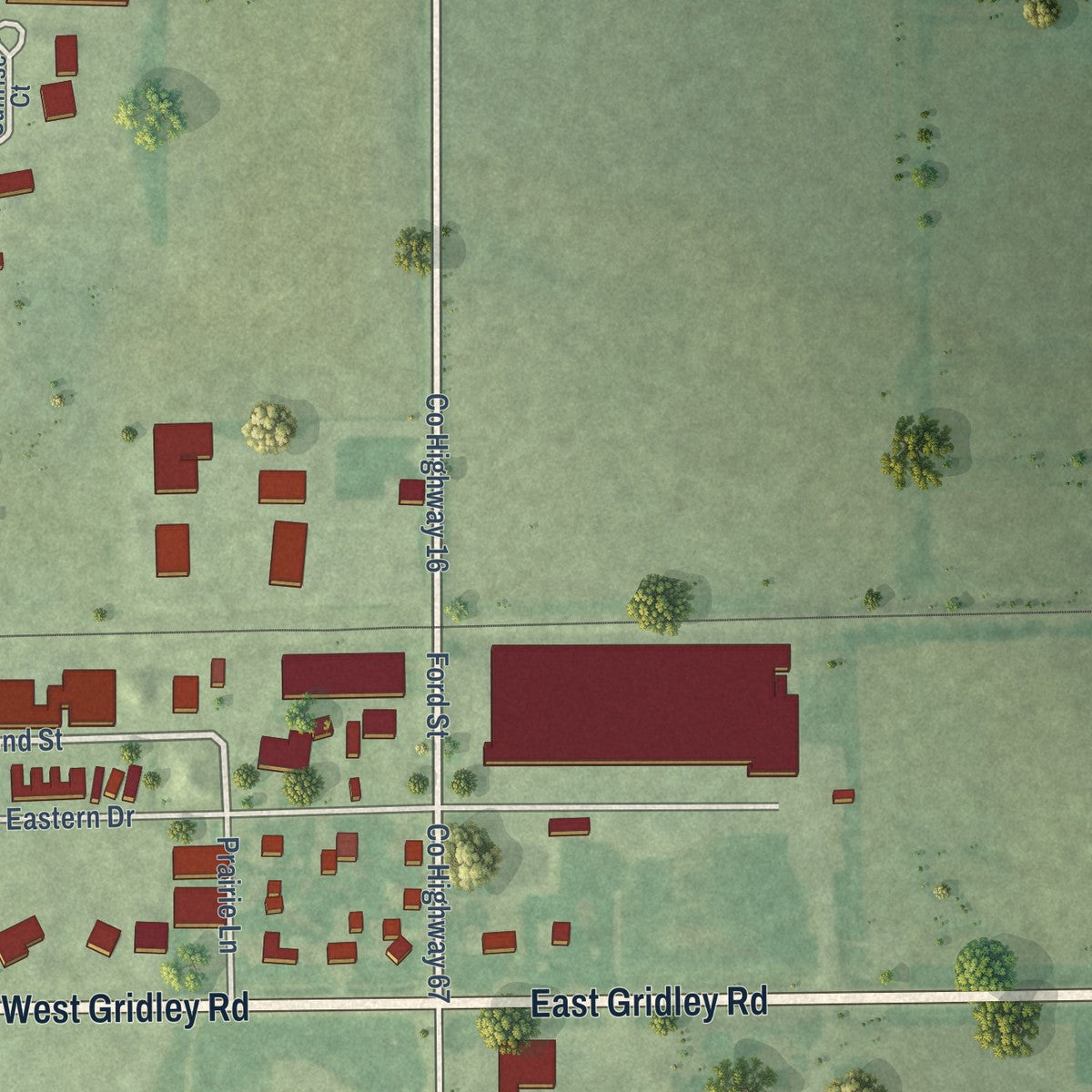 Second close-up of the map of Gridley, Illinois print showing more streets and buildings