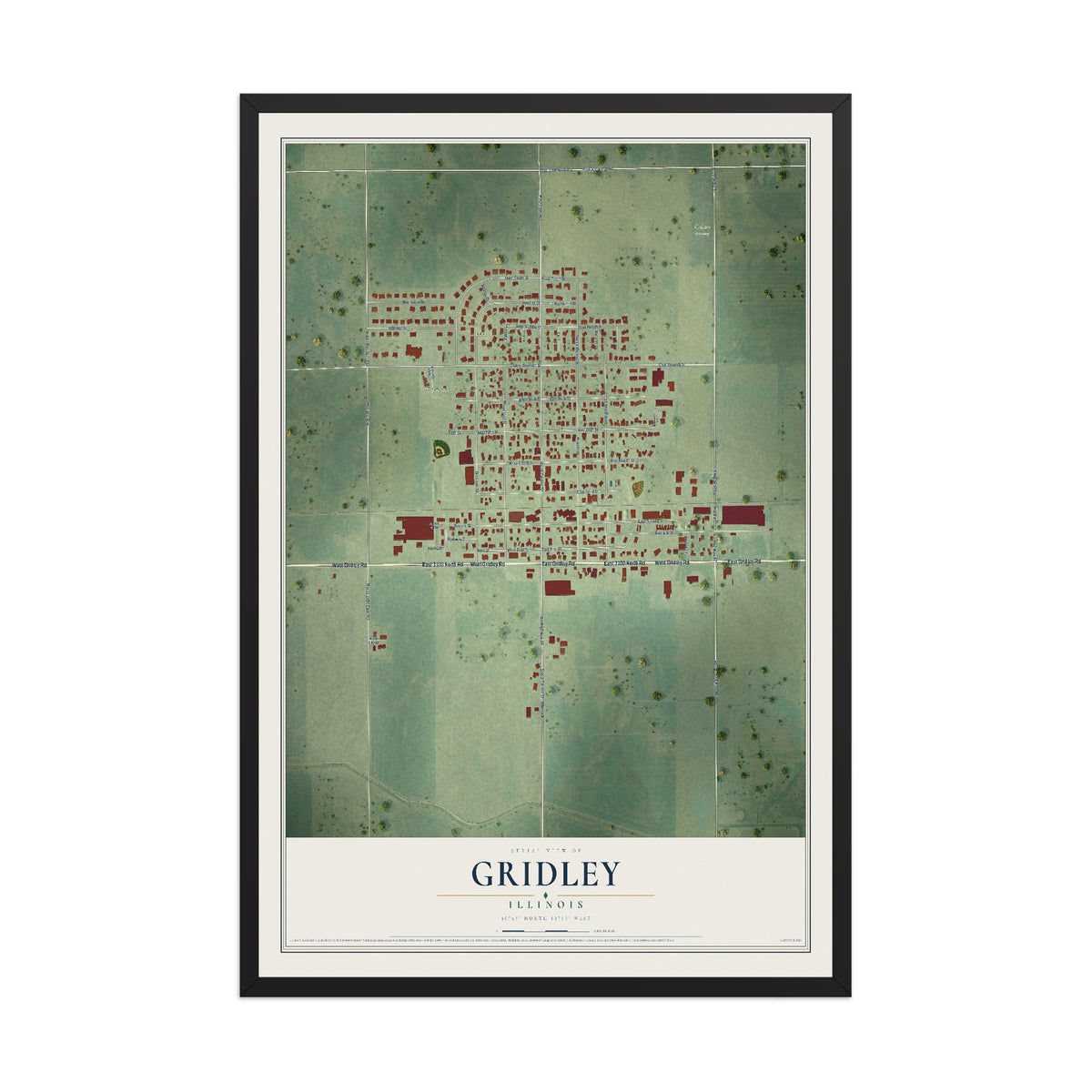 Map of Gridley, Illinois, 12 x 18 inch print in a black wood frame