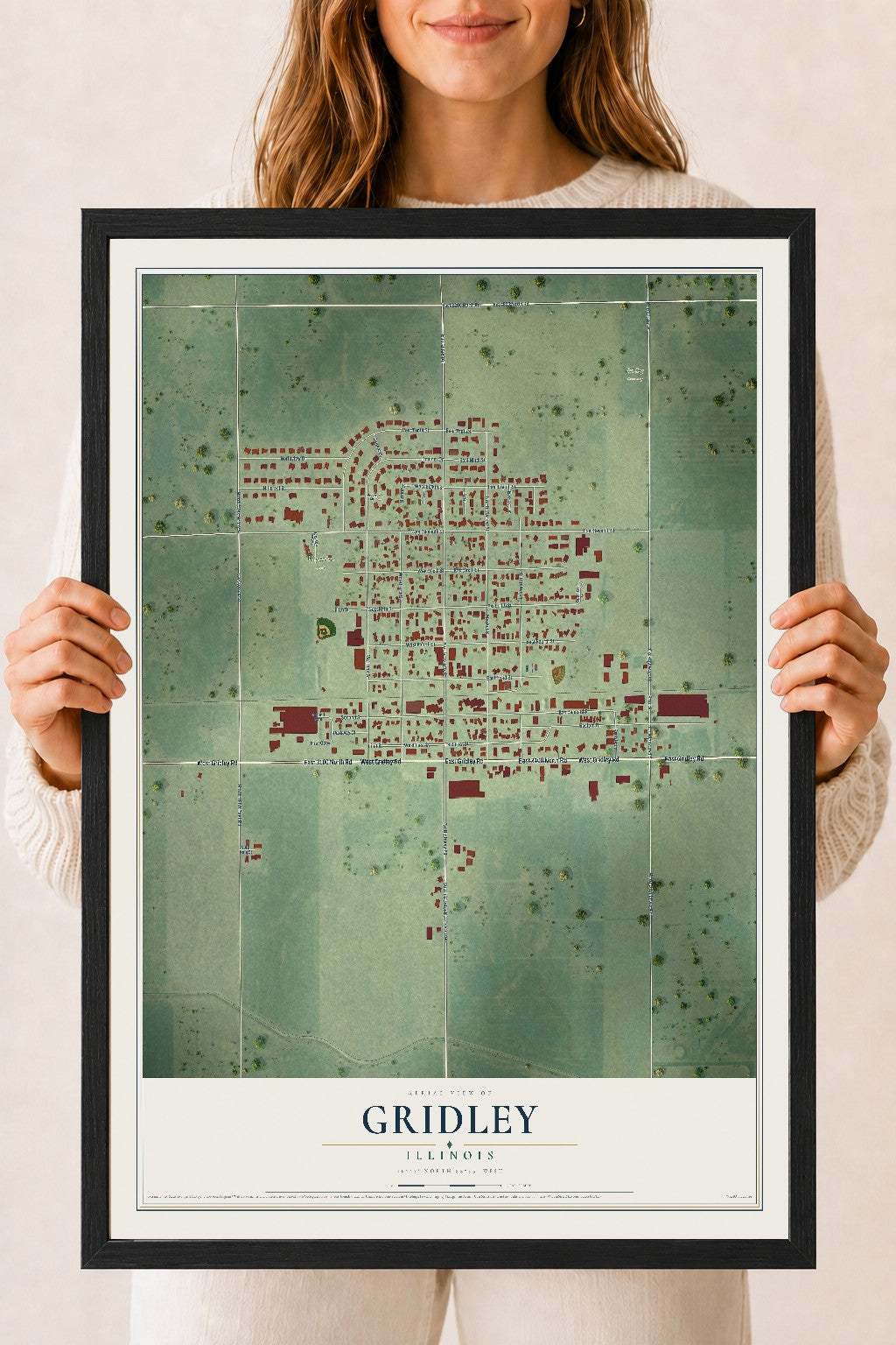 Map of Gridley, Illinois, 18 x 24 inch print in a black wood frame