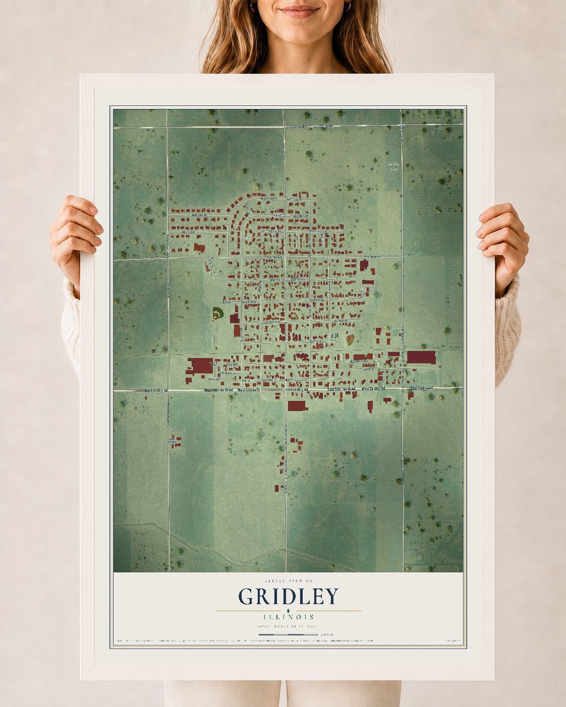 Map of Gridley, Illinois, 24 x 36 inch print in a white wood frame