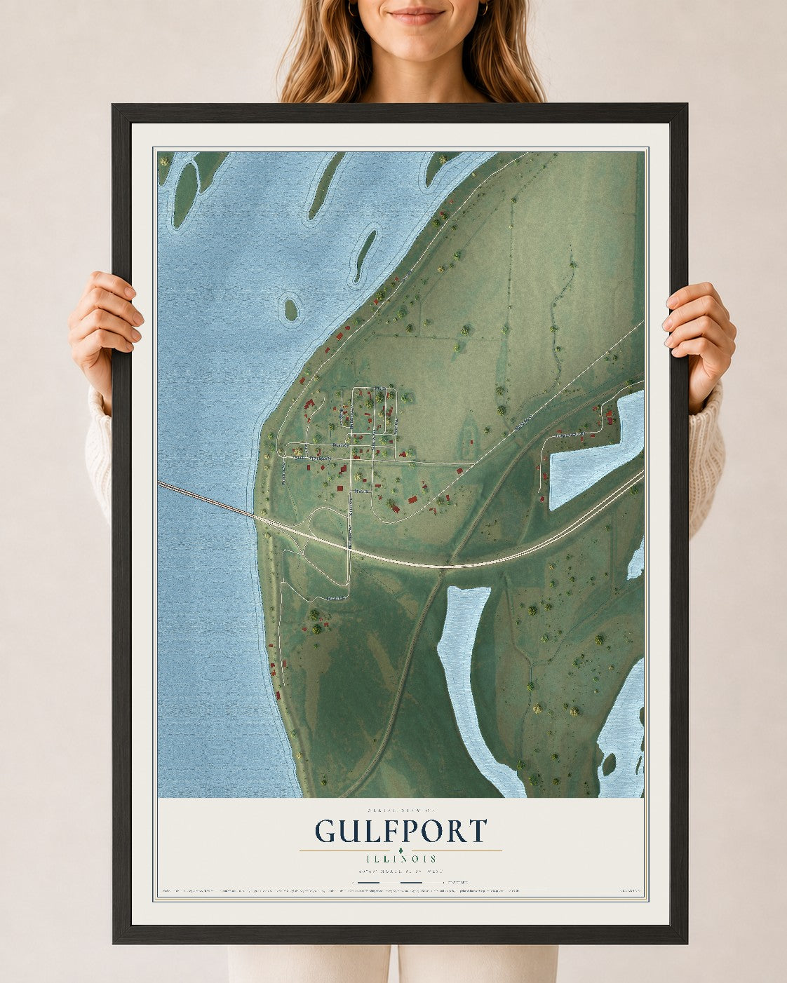 Map of Gulfport, Illinois, 24 x 36 inch print in a black wood frame