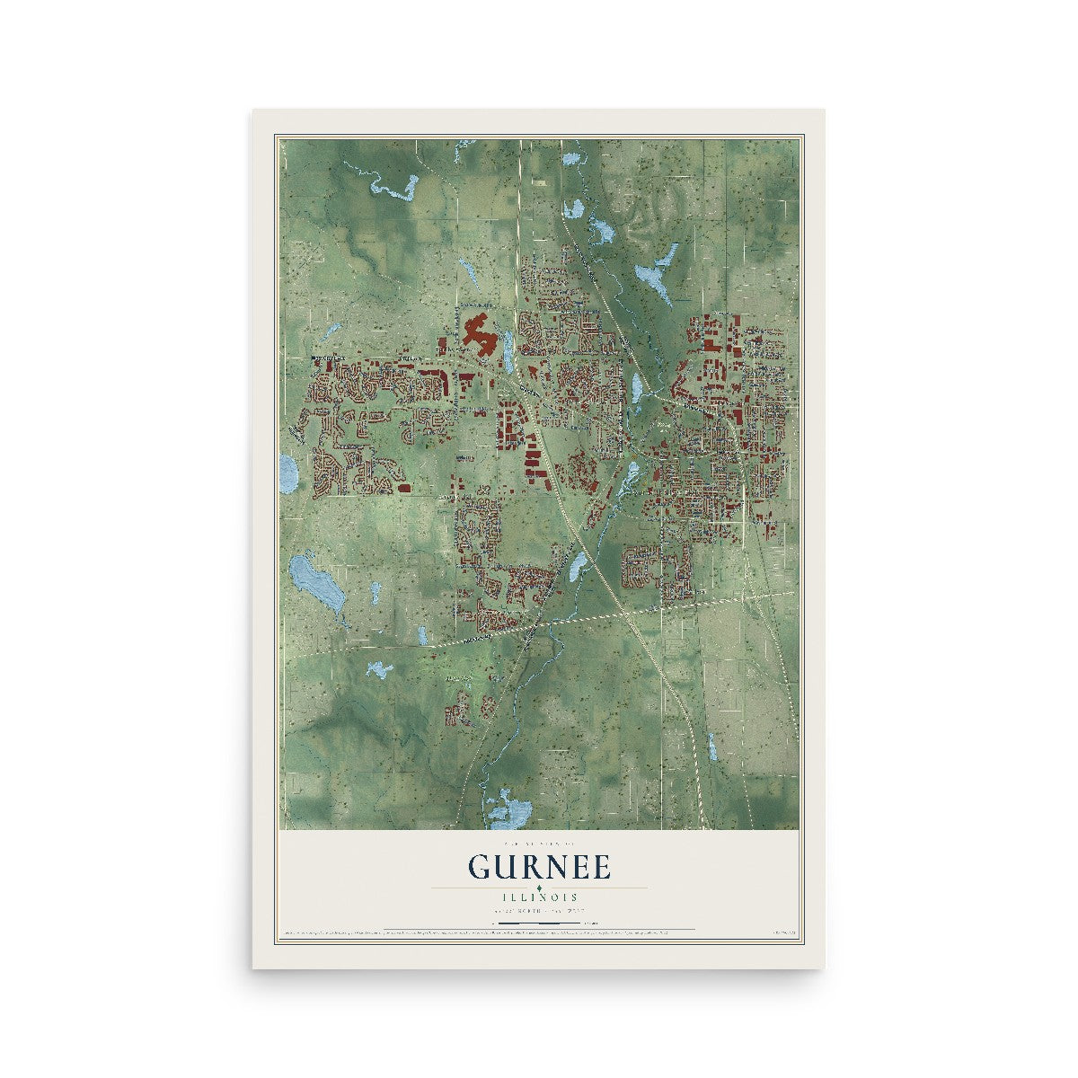 Map of Gurnee, Illinois, 12 x 18 inch unframed archival matte print