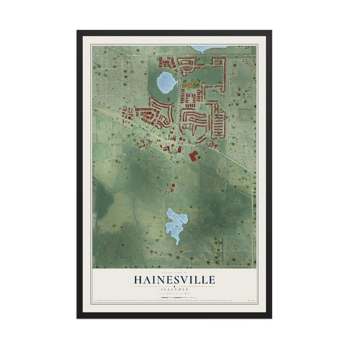 Map of Hainesville, Illinois, 12 x 18 inch print in a black wood frame