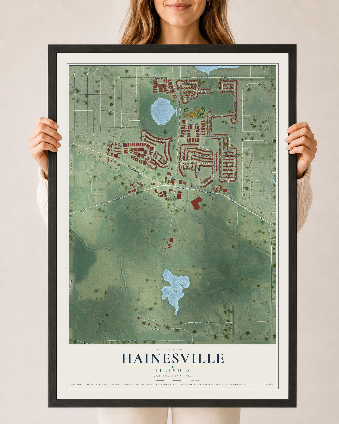 Map of Hainesville, Illinois, 24 x 36 inch print in a black wood frame