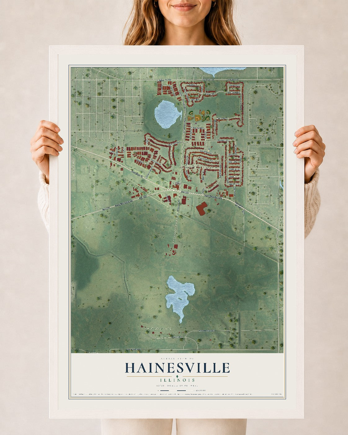 Map of Hainesville, Illinois, 24 x 36 inch print in a white wood frame