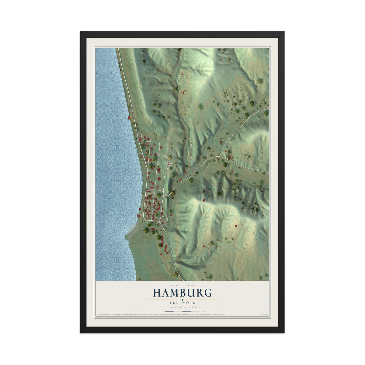 Map of Hamburg, Illinois, 12 x 18 inch print in a black wood frame
