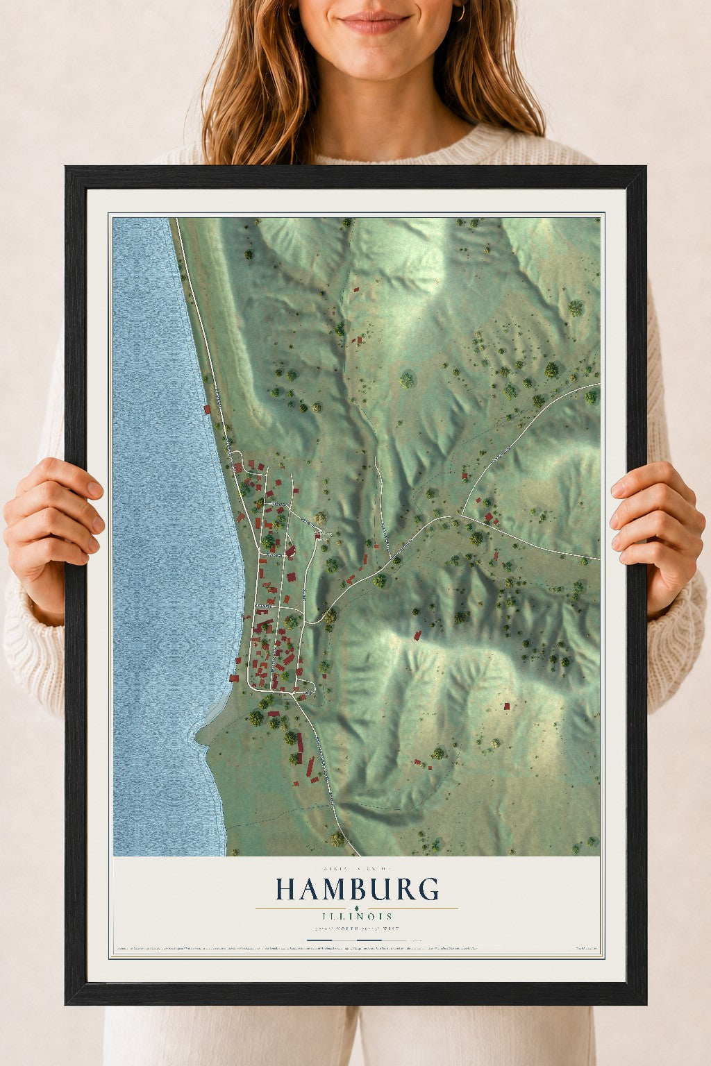 Map of Hamburg, Illinois, 18 x 24 inch print in a black wood frame