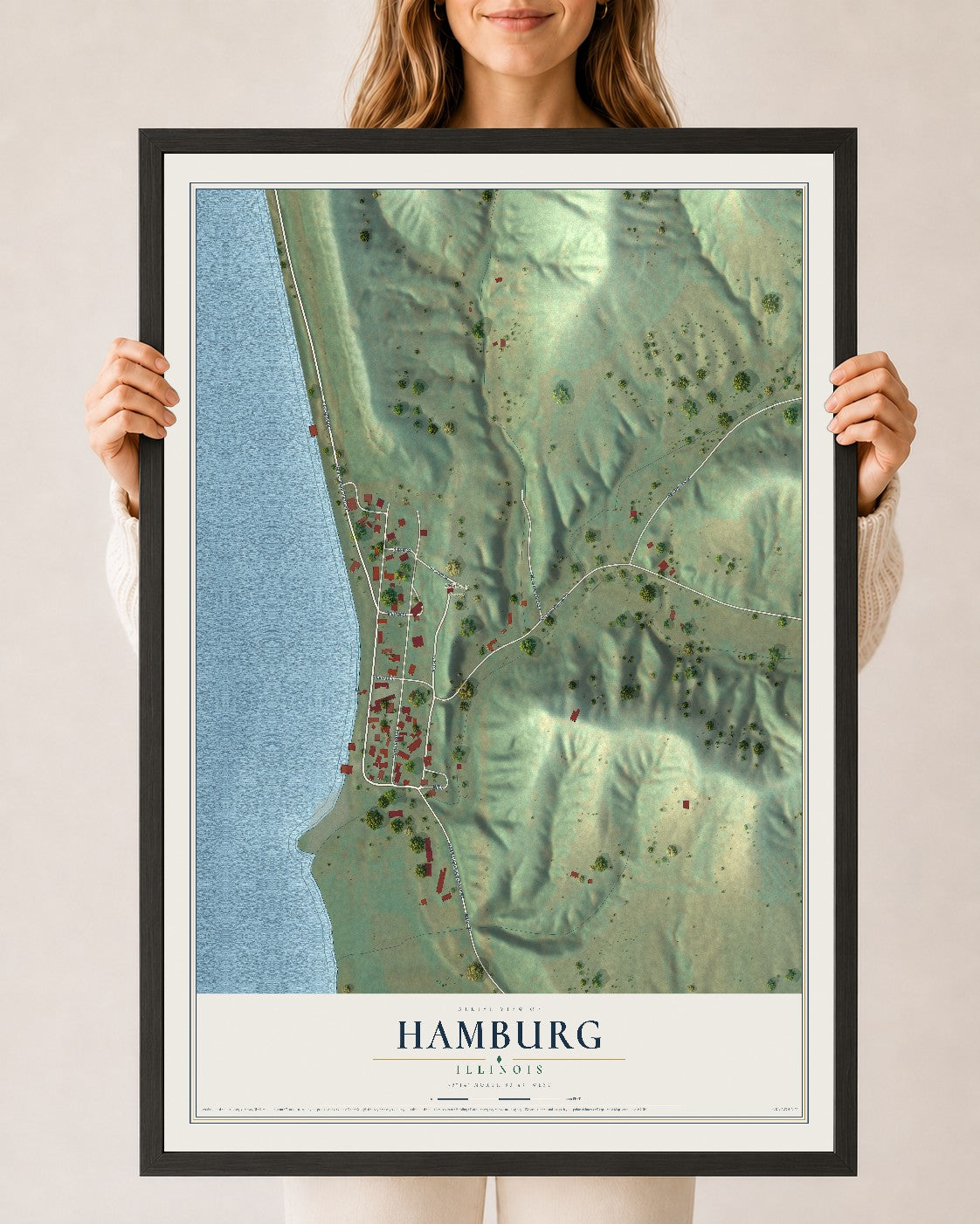 Map of Hamburg, Illinois, 24 x 36 inch print in a black wood frame