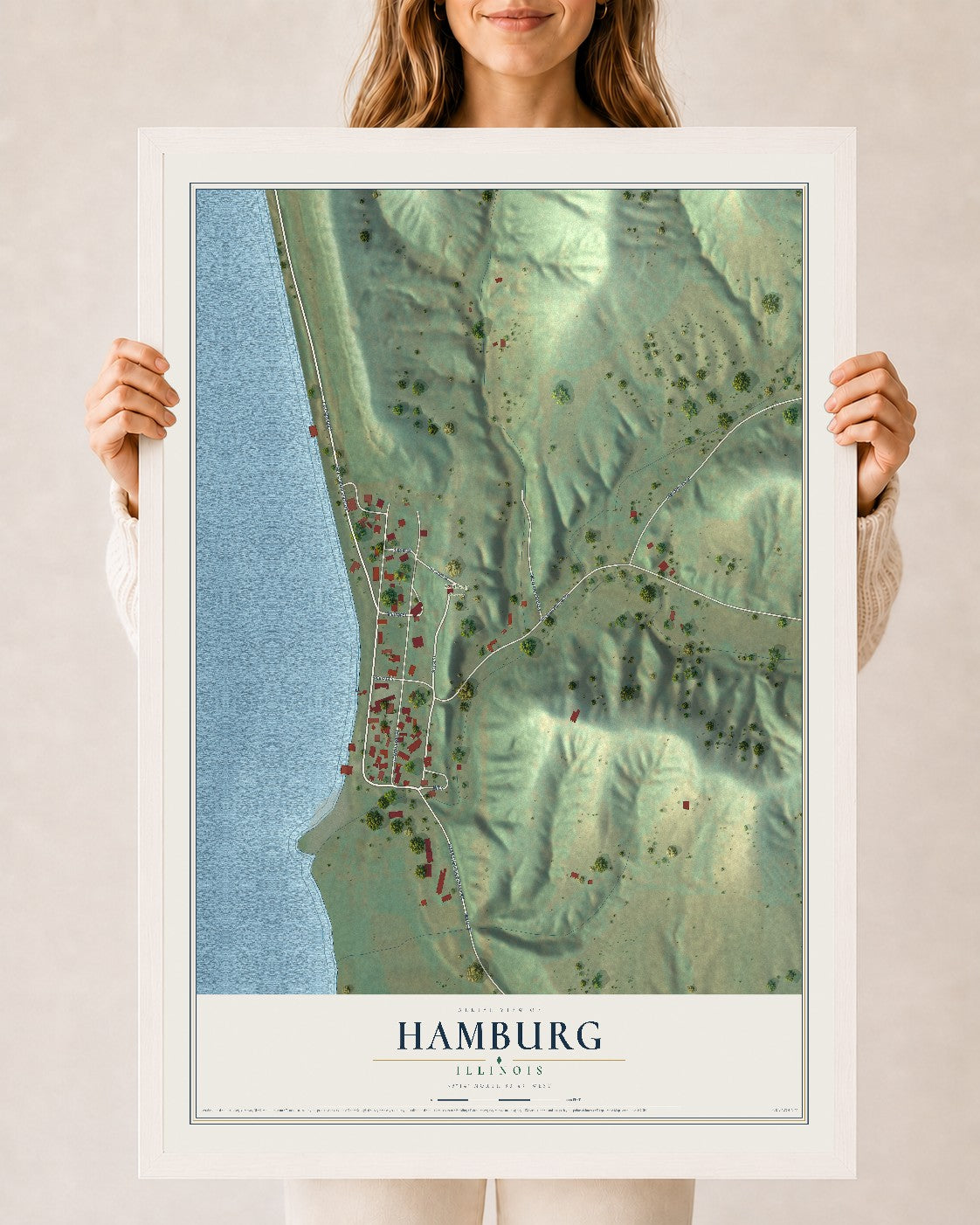 Map of Hamburg, Illinois, 24 x 36 inch print in a white wood frame
