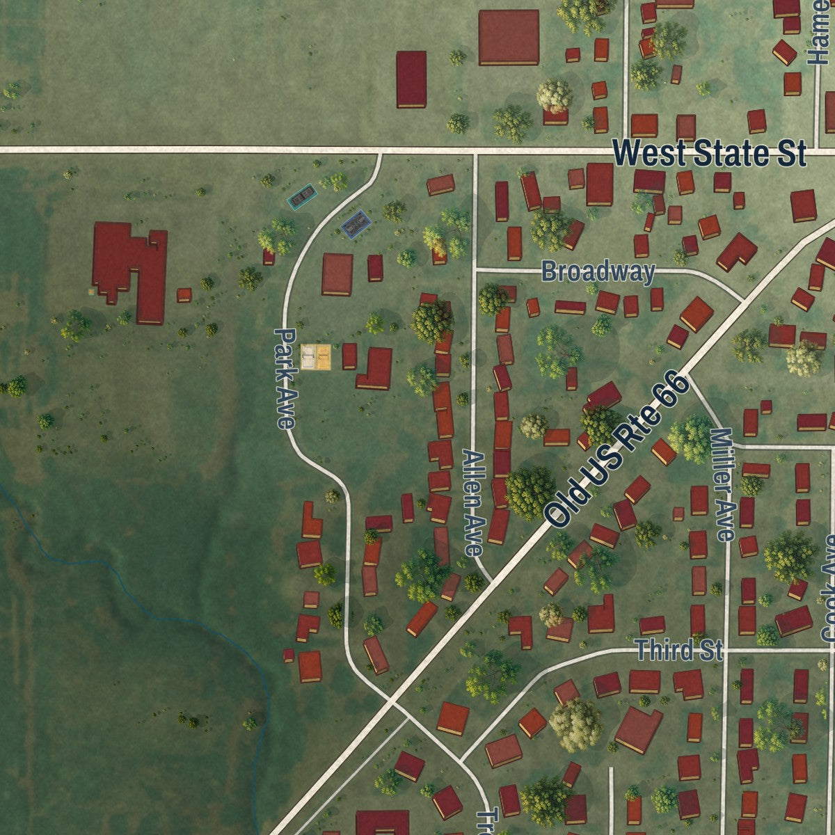 Close-up of the map of Hamel, Illinois print showing street and building detail