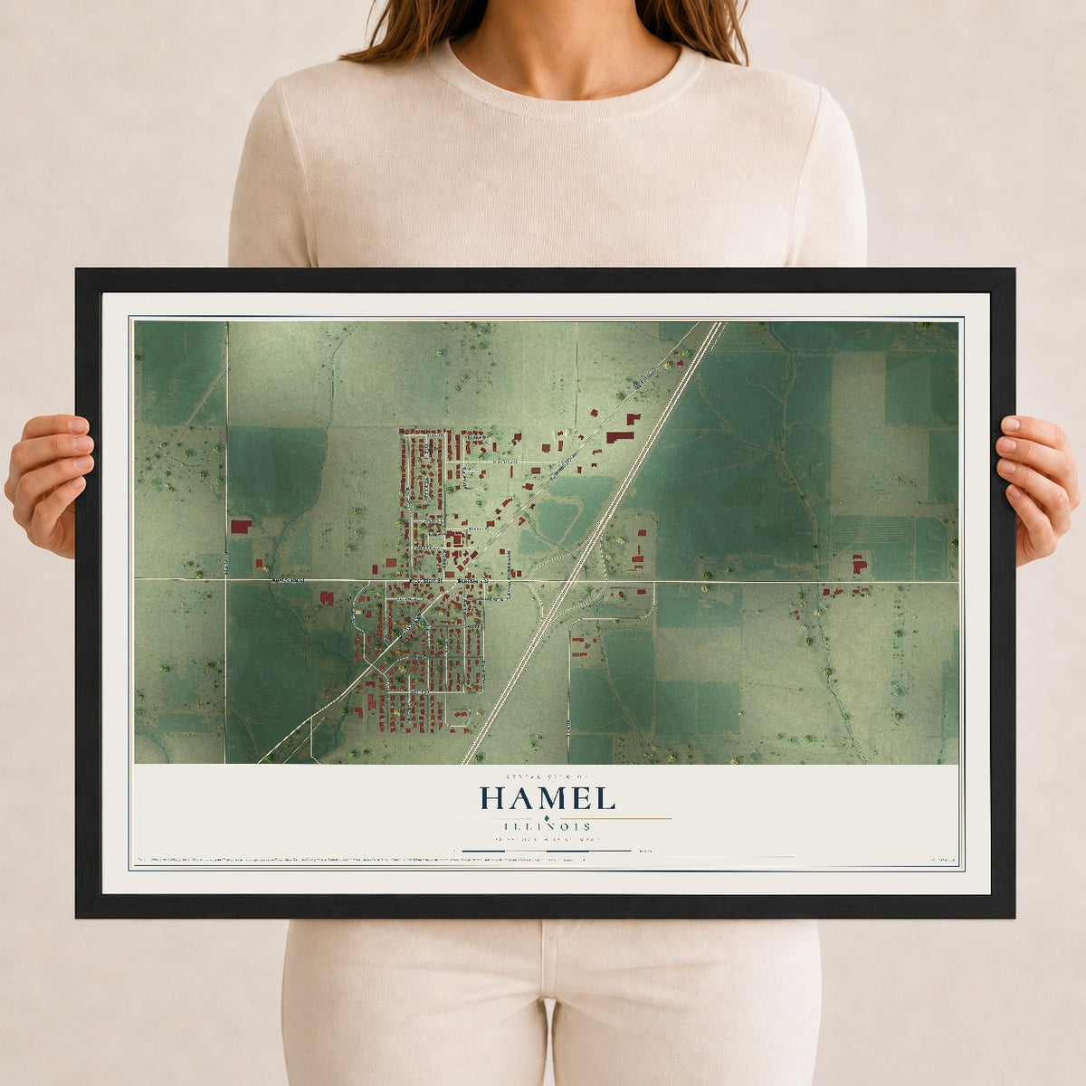 Map of Hamel, Illinois, 12 x 18 inch print in a black wood frame