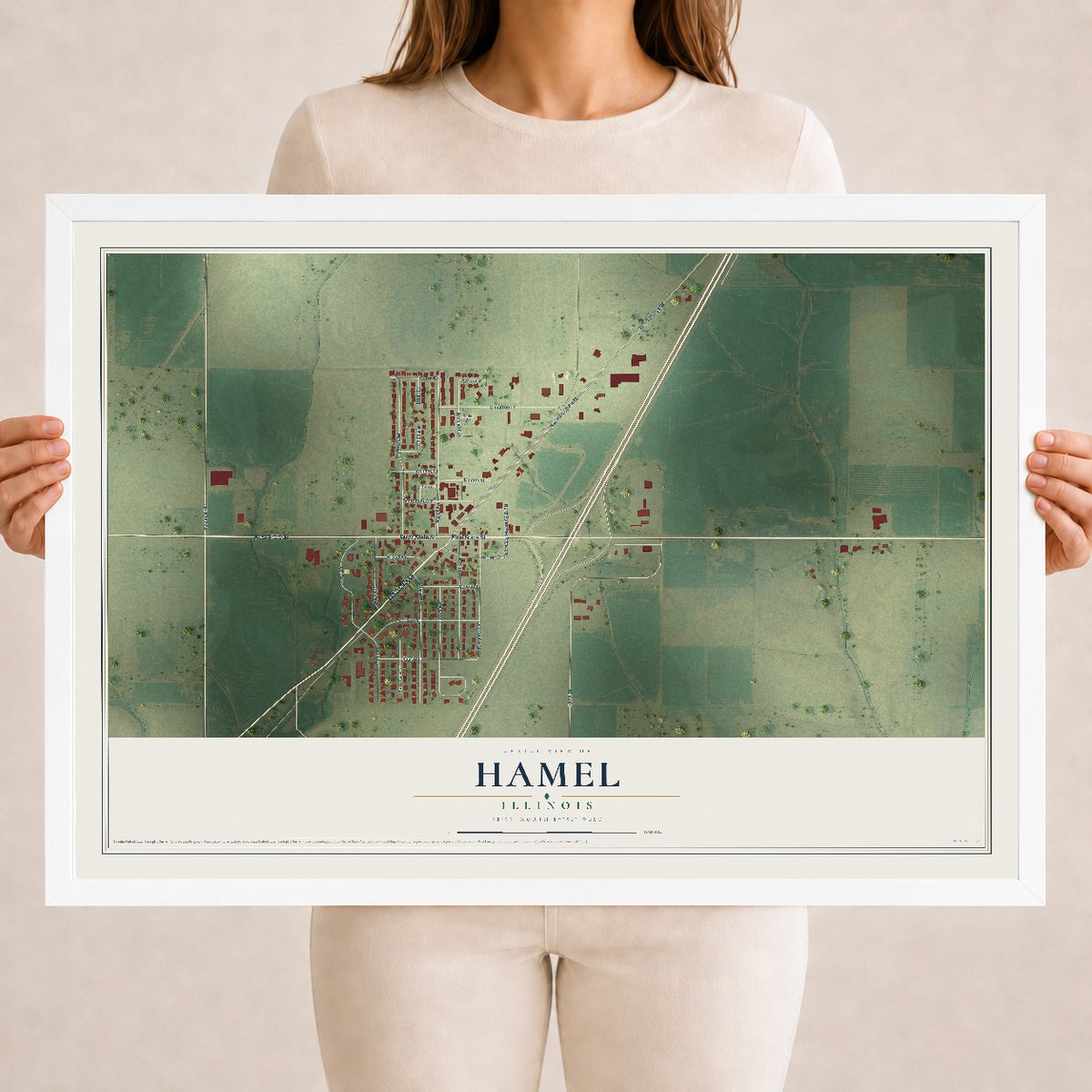Map of Hamel, Illinois, 18 x 24 inch print in a white wood frame