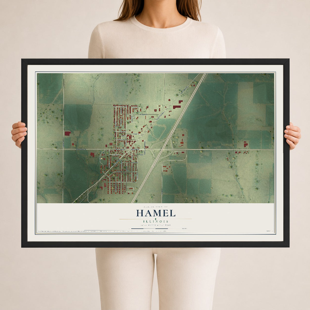 Map of Hamel, Illinois, 24 x 36 inch print in a black wood frame