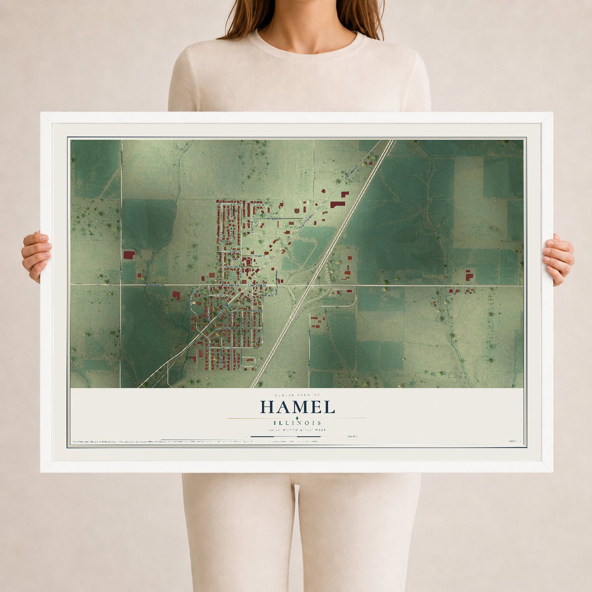 Map of Hamel, Illinois, 24 x 36 inch print in a white wood frame