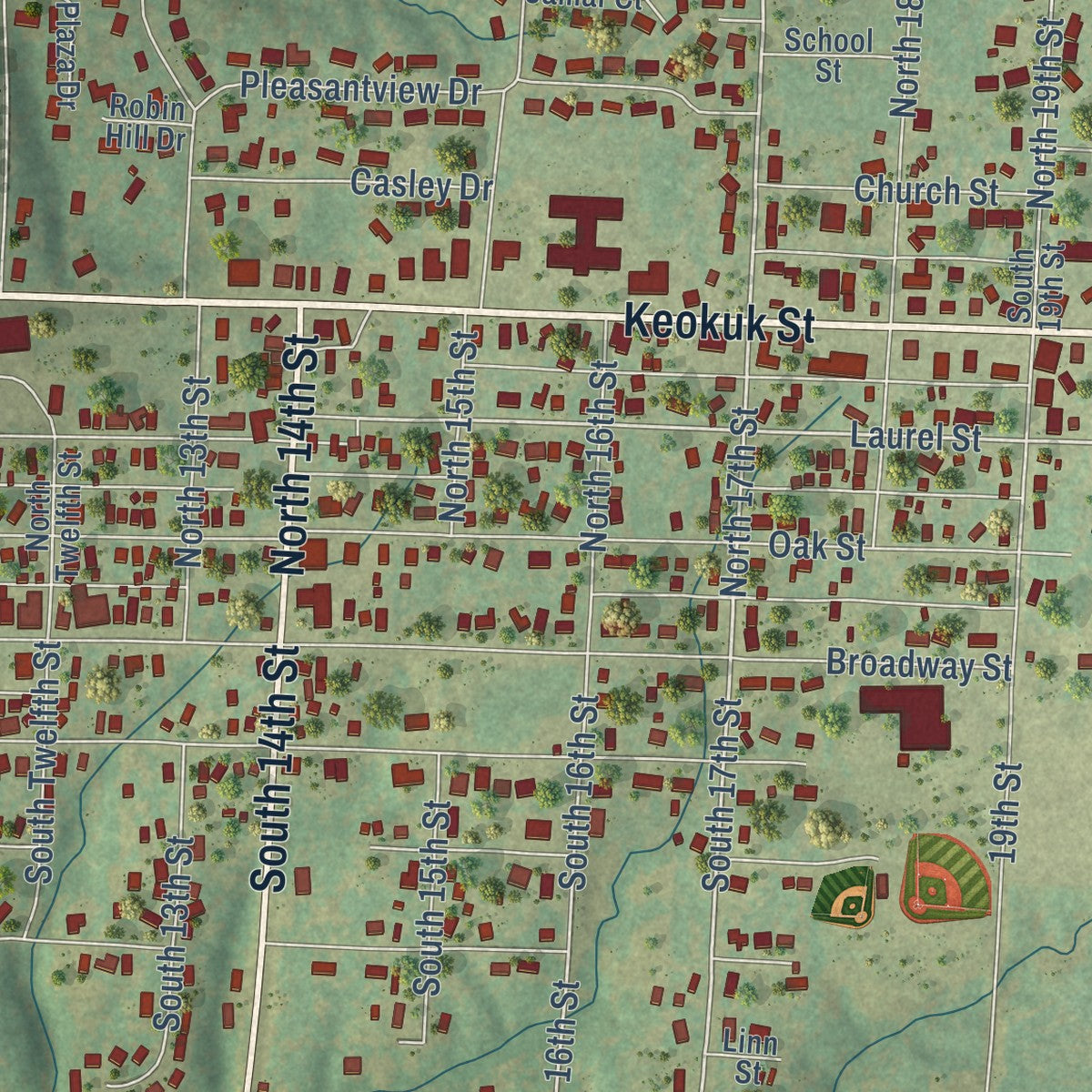 Close-up of the map of Hamilton, Illinois print showing street and building detail