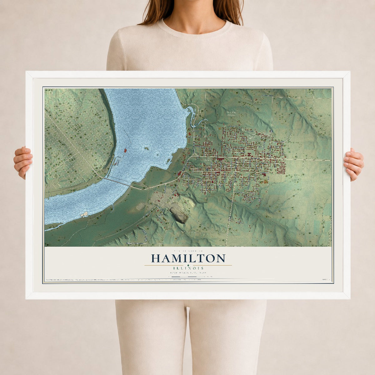 Map of Hamilton, Illinois, 24 x 36 inch print in a white wood frame