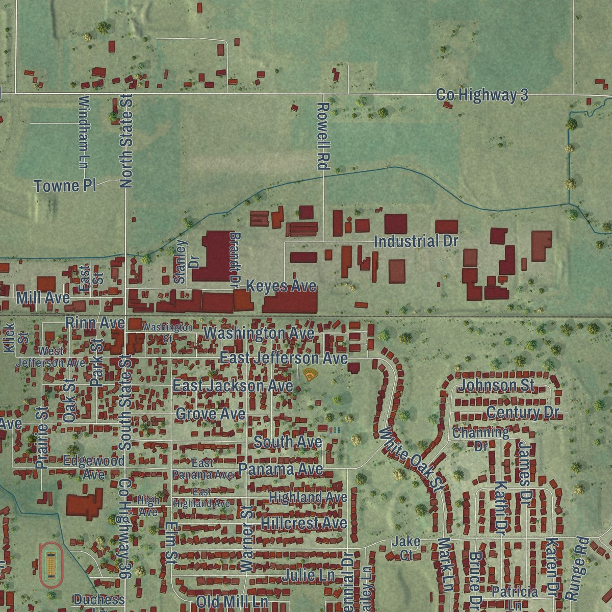 Close-up of the map of Hampshire, Illinois print showing street and building detail