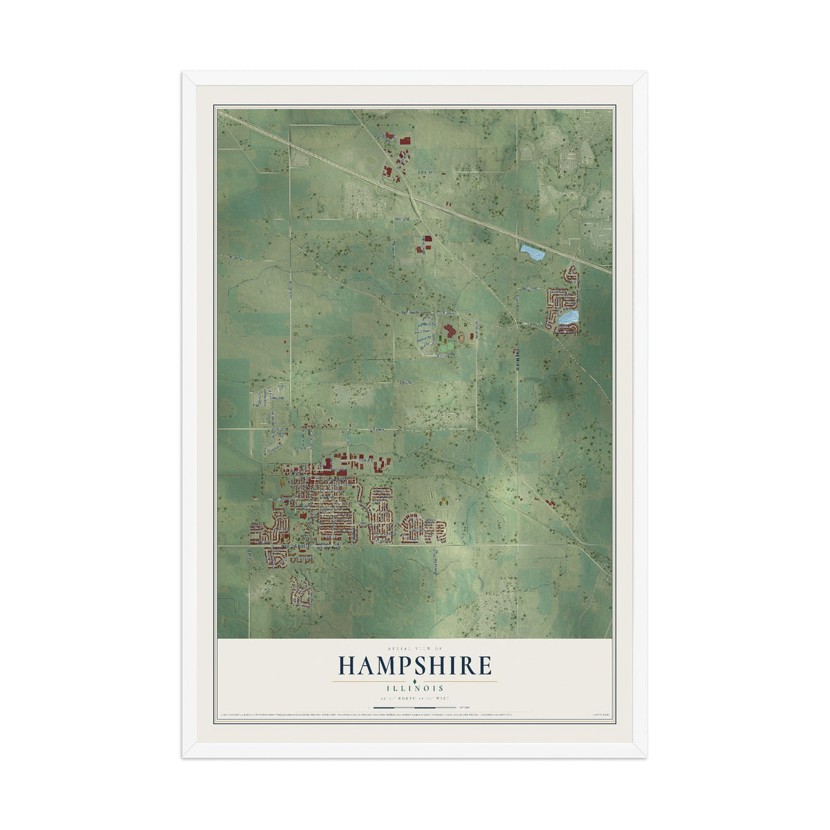Map of Hampshire, Illinois, 12 x 18 inch print in a white wood frame