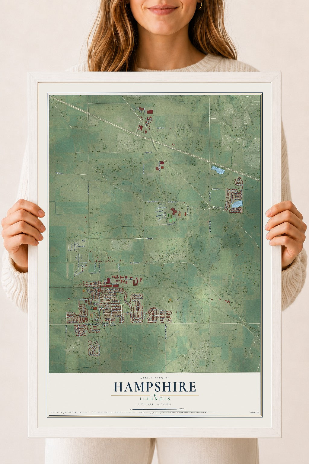 Map of Hampshire, Illinois, 18 x 24 inch print in a white wood frame