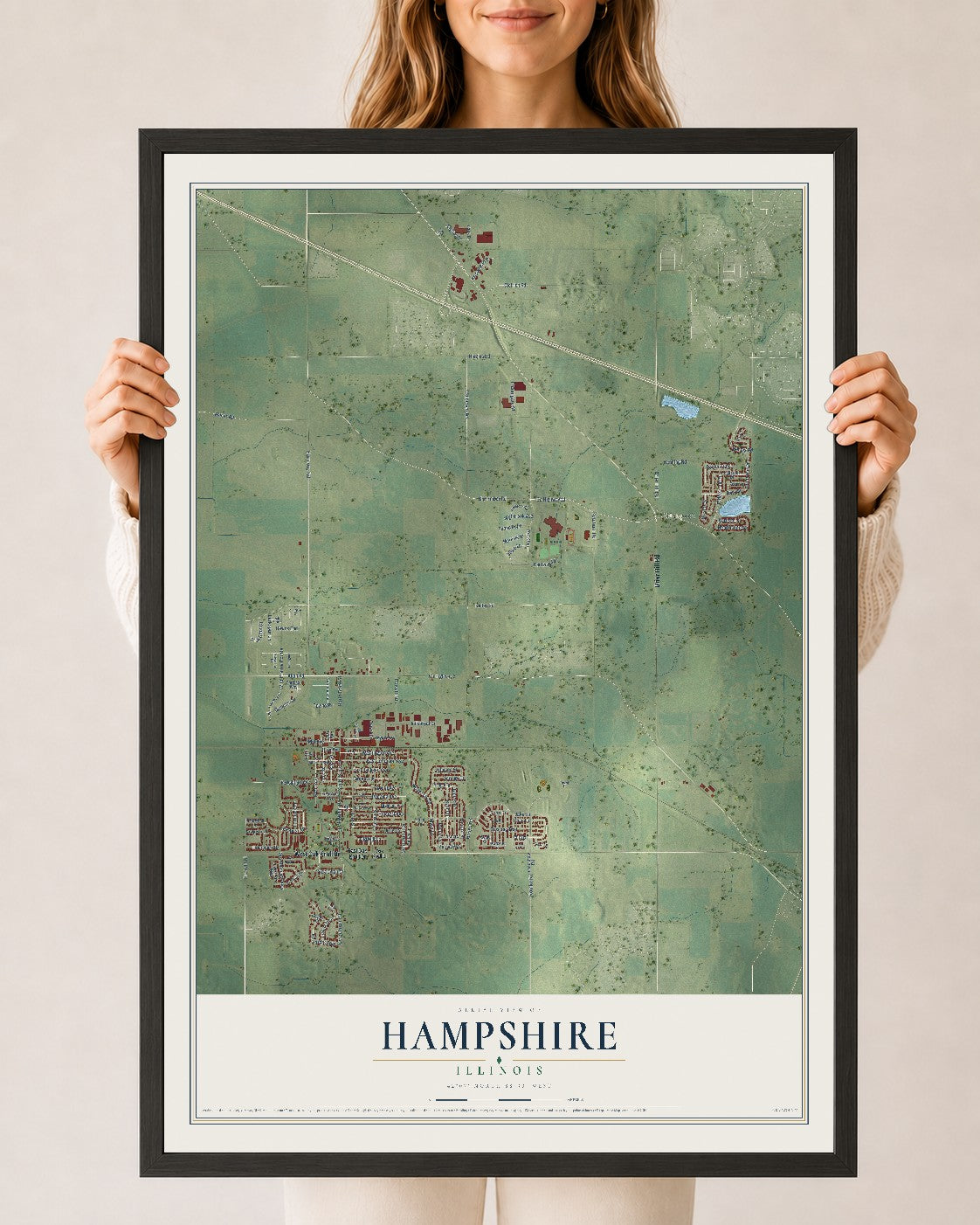 Map of Hampshire, Illinois, 24 x 36 inch print in a black wood frame