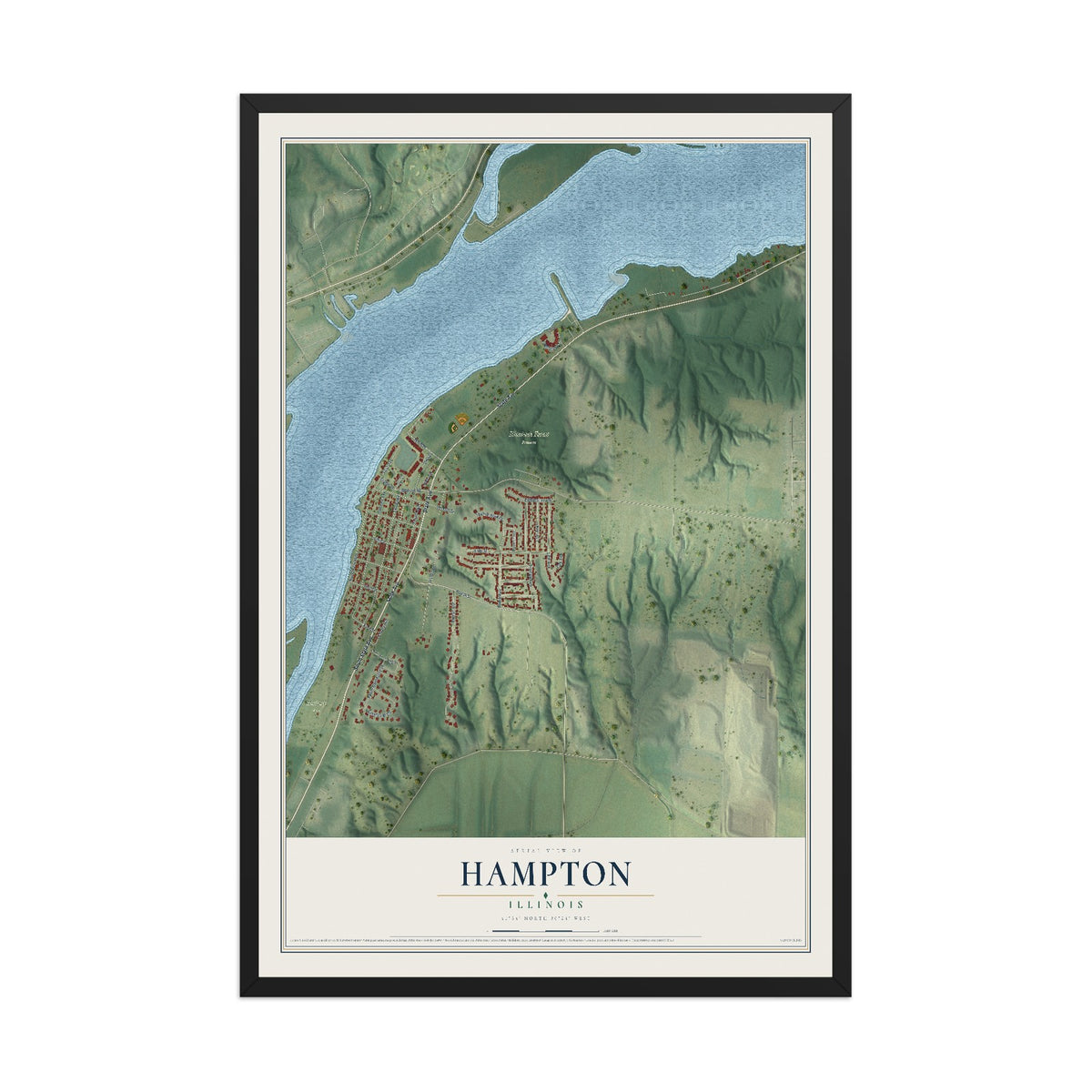 Map of Hampton, Illinois, 12 x 18 inch print in a black wood frame
