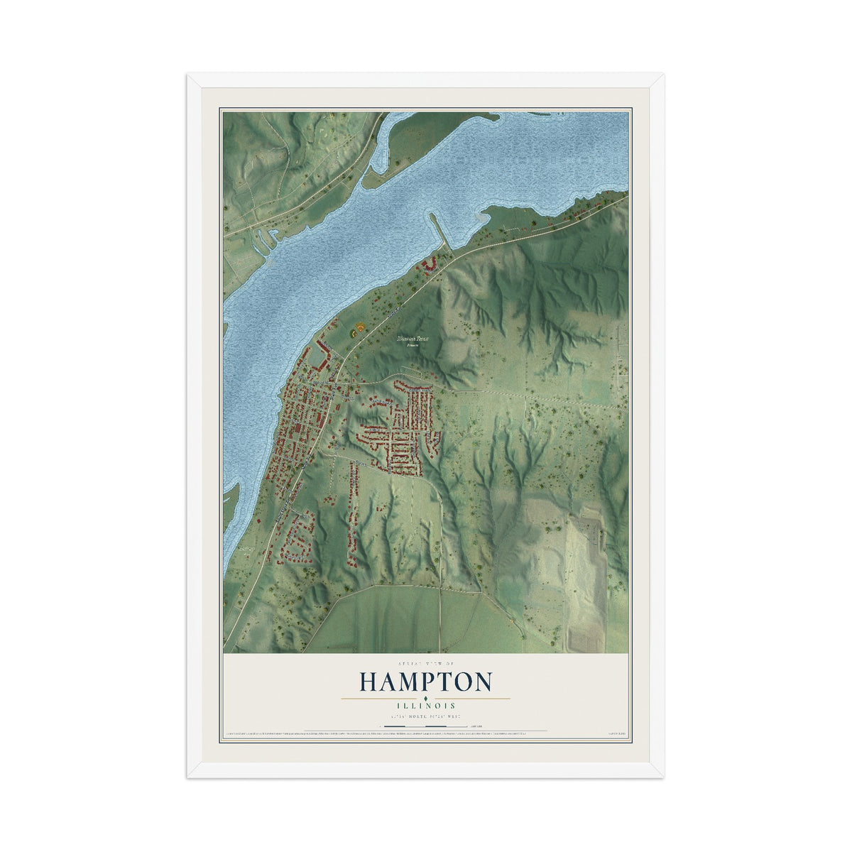 Map of Hampton, Illinois, 12 x 18 inch print in a white wood frame