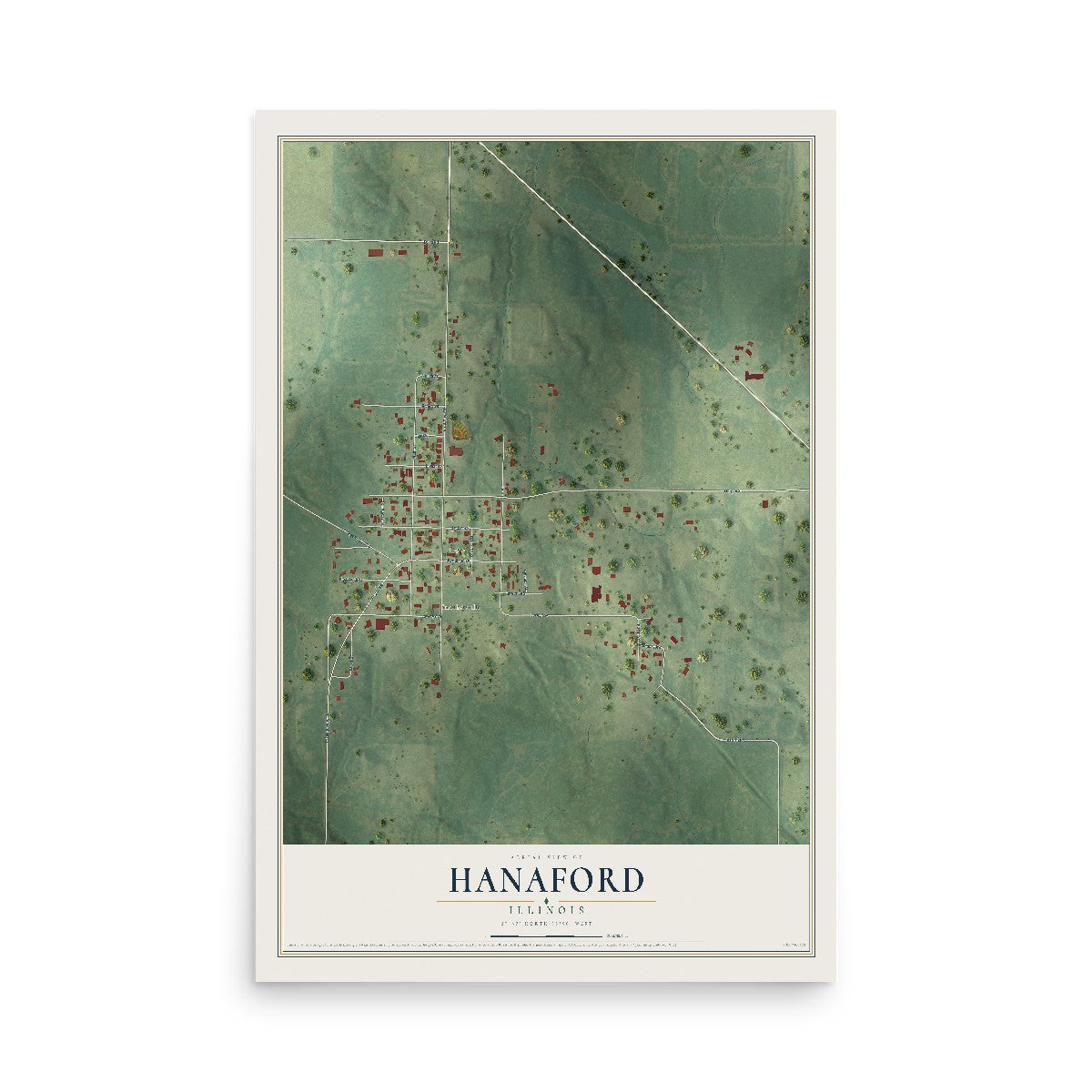 Map of Hanaford, Illinois, 12 x 18 inch unframed archival matte print