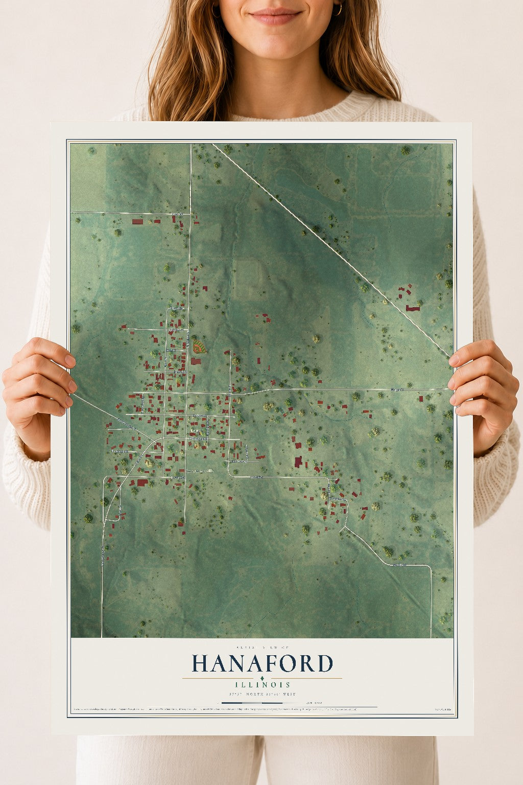 Map of Hanaford, Illinois, 18 x 24 inch unframed archival matte print