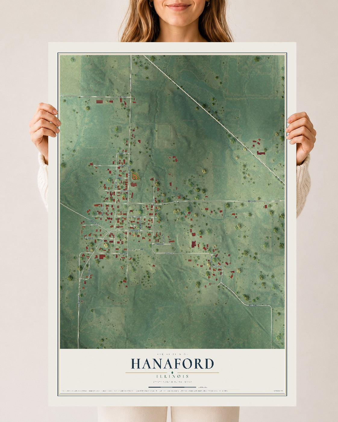 Map of Hanaford, Illinois, 24 x 36 inch unframed archival matte print