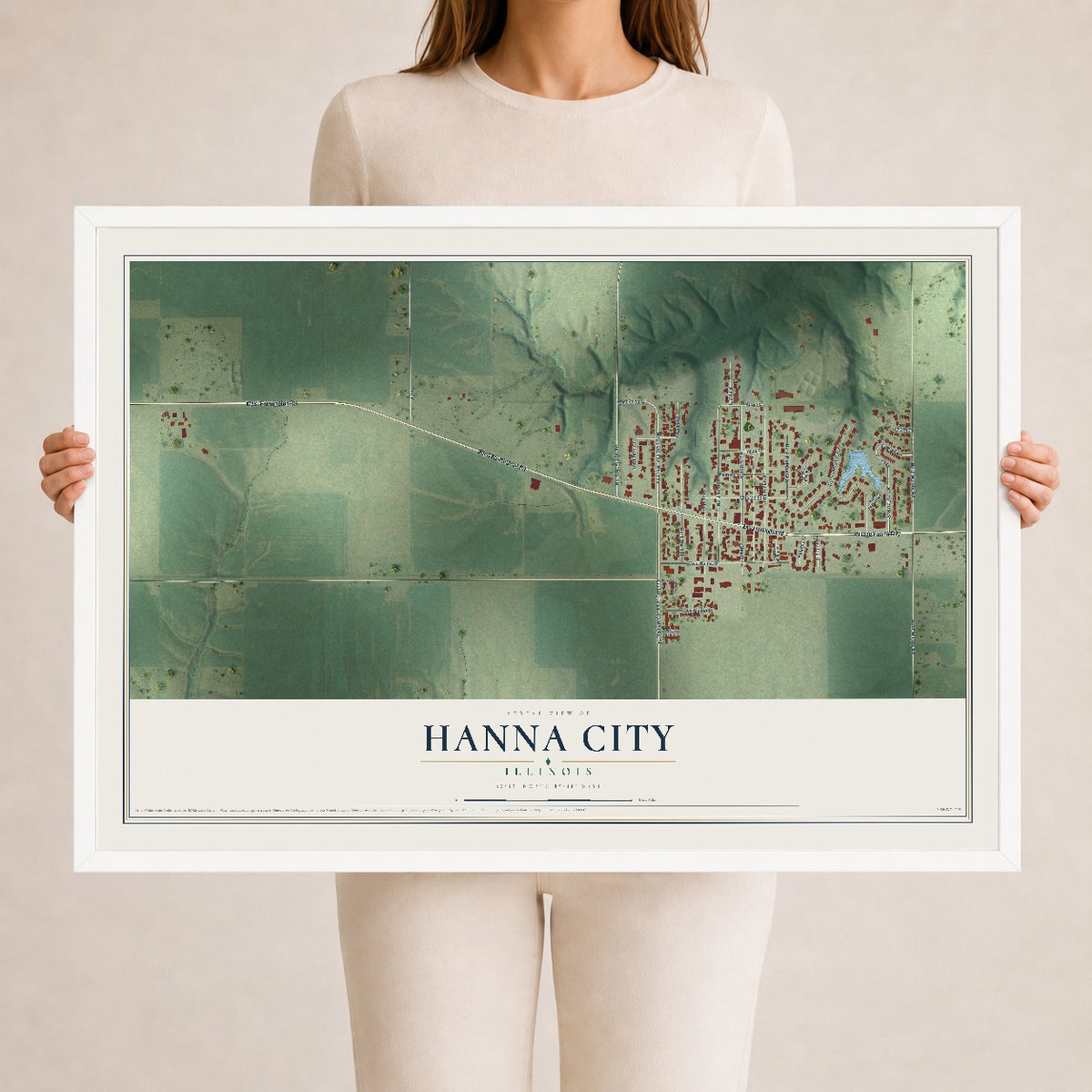 Map of Hanna City, Illinois, 24 x 36 inch print in a white wood frame