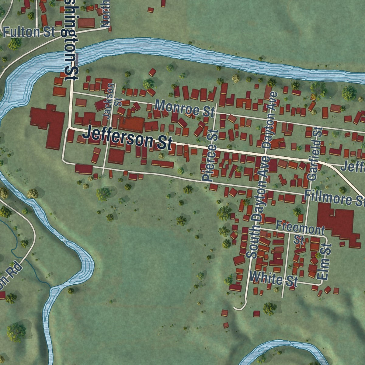 Close-up of the map of Hanover, Illinois print showing street and building detail