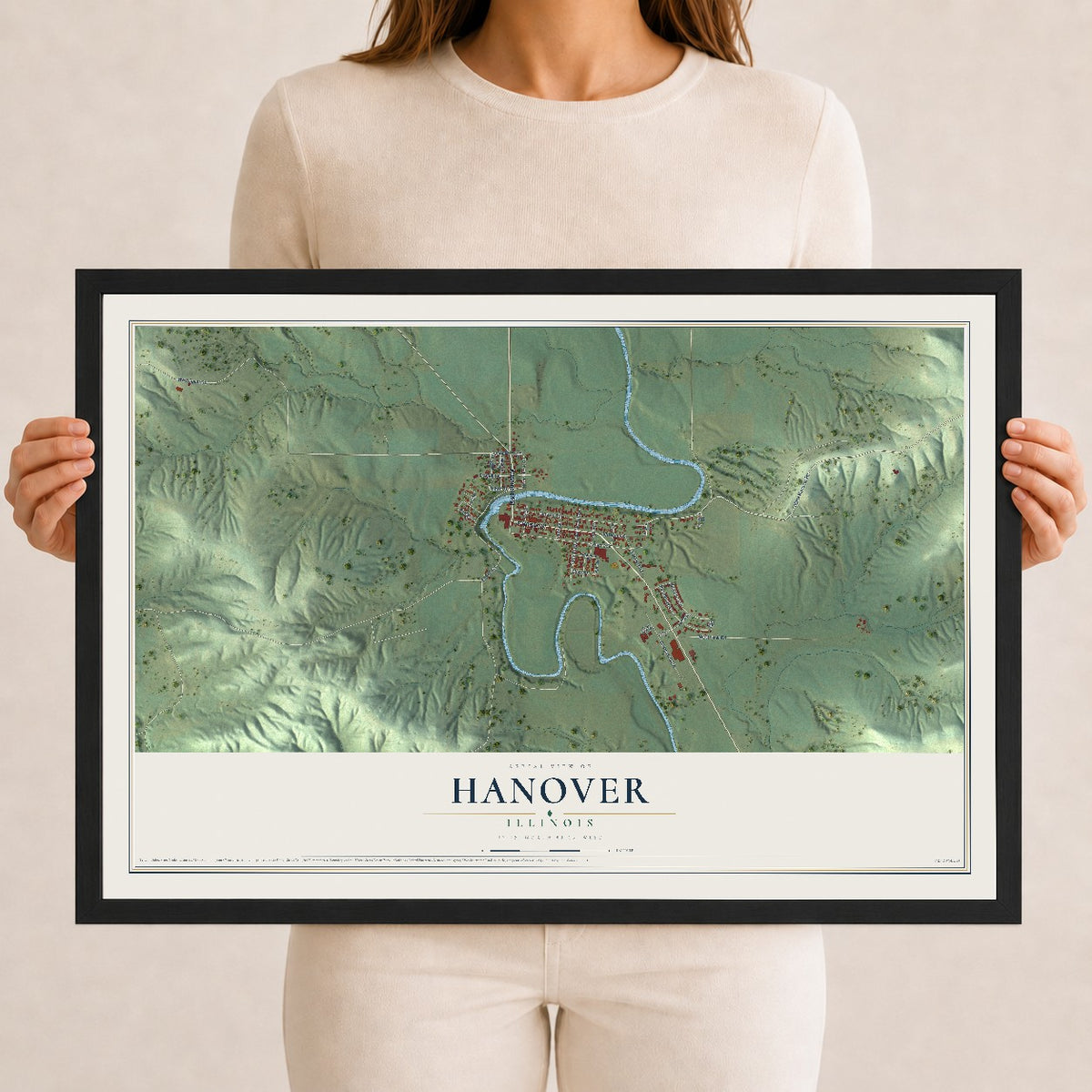 Map of Hanover, Illinois, 12 x 18 inch print in a black wood frame