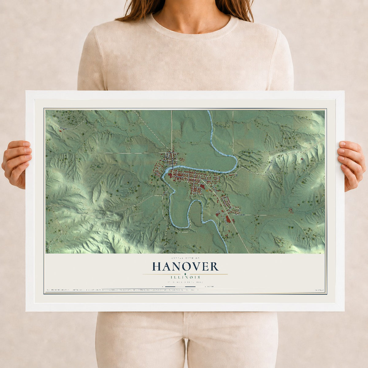 Map of Hanover, Illinois, 12 x 18 inch print in a white wood frame