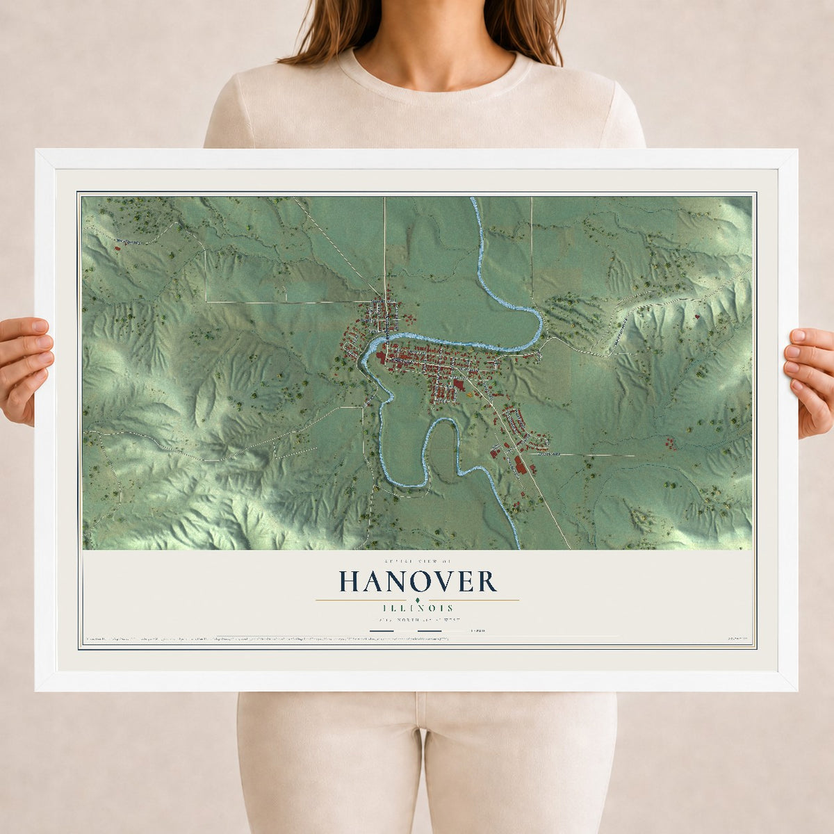 Map of Hanover, Illinois, 18 x 24 inch print in a white wood frame