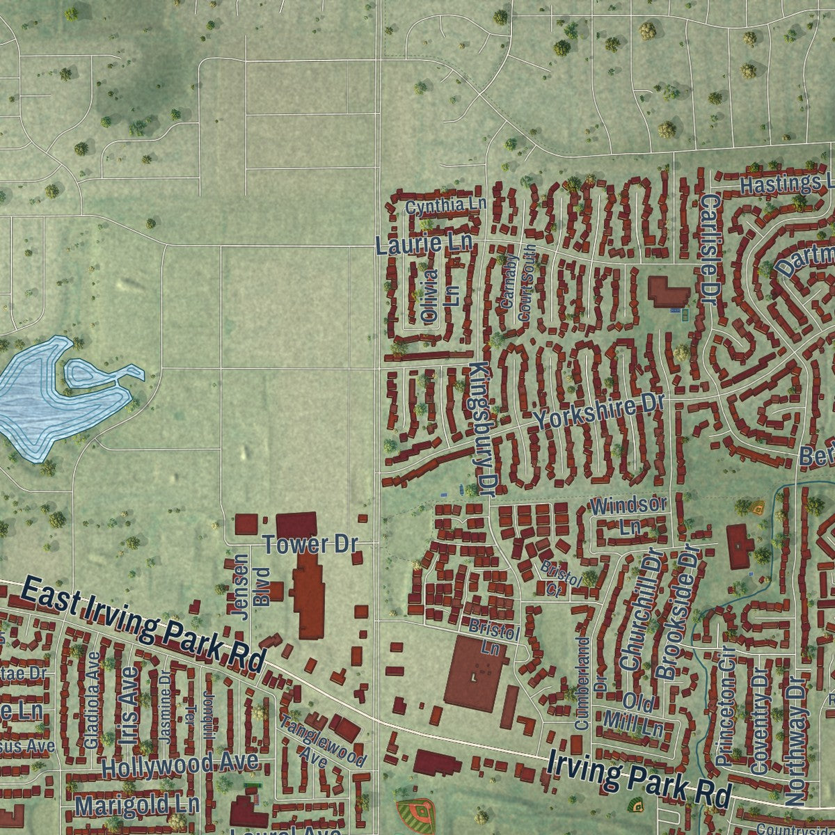 Close-up of the map of Hanover Park, Illinois print showing street and building detail