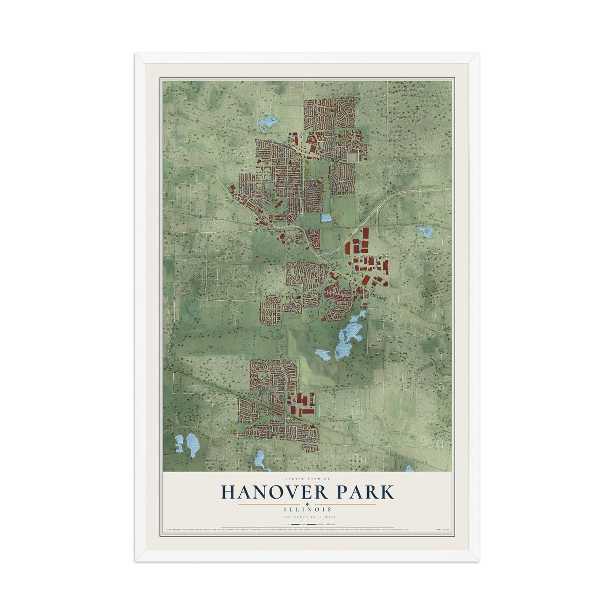Map of Hanover Park, Illinois, 12 x 18 inch print in a white wood frame