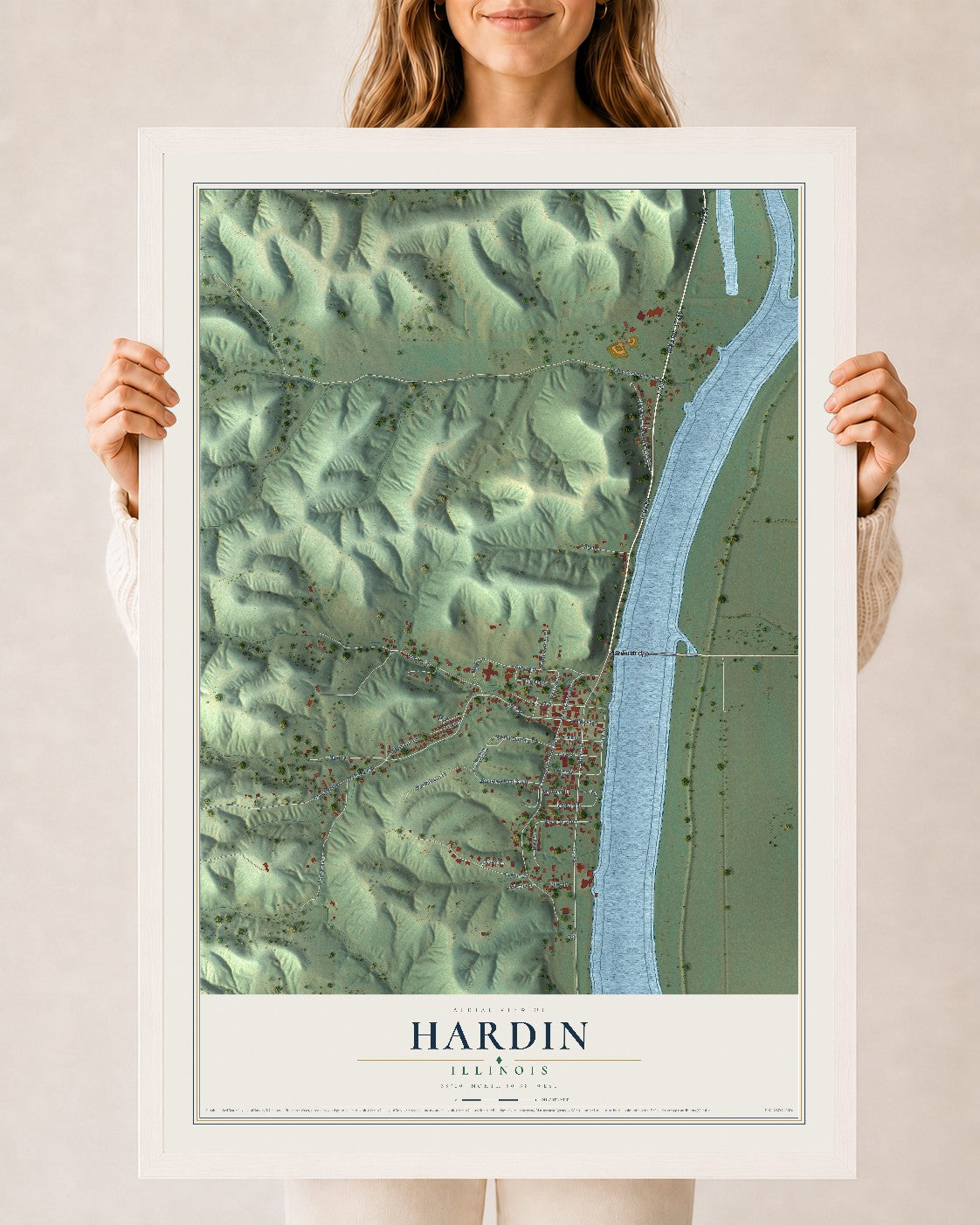 Map of Hardin, Illinois, 24 x 36 inch print in a white wood frame