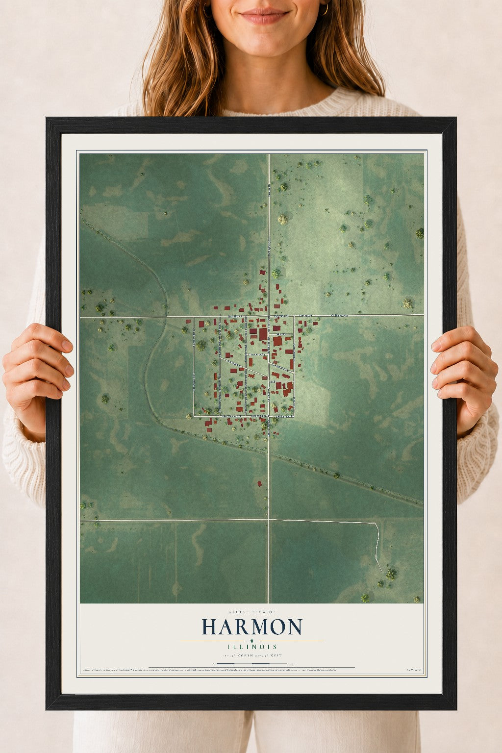 Map of Harmon, Illinois, 18 x 24 inch print in a black wood frame