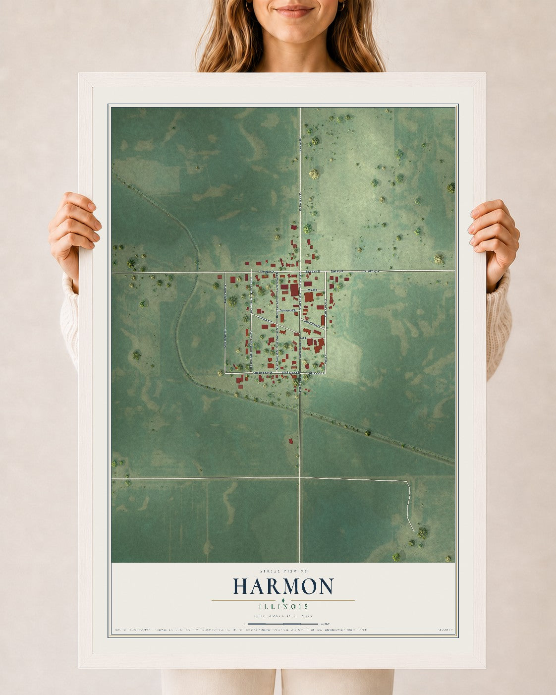 Map of Harmon, Illinois, 24 x 36 inch print in a white wood frame