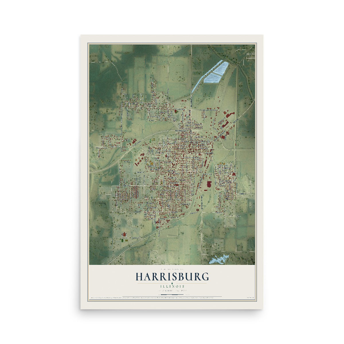 Map of Harrisburg, Illinois, 12 x 18 inch unframed archival matte print