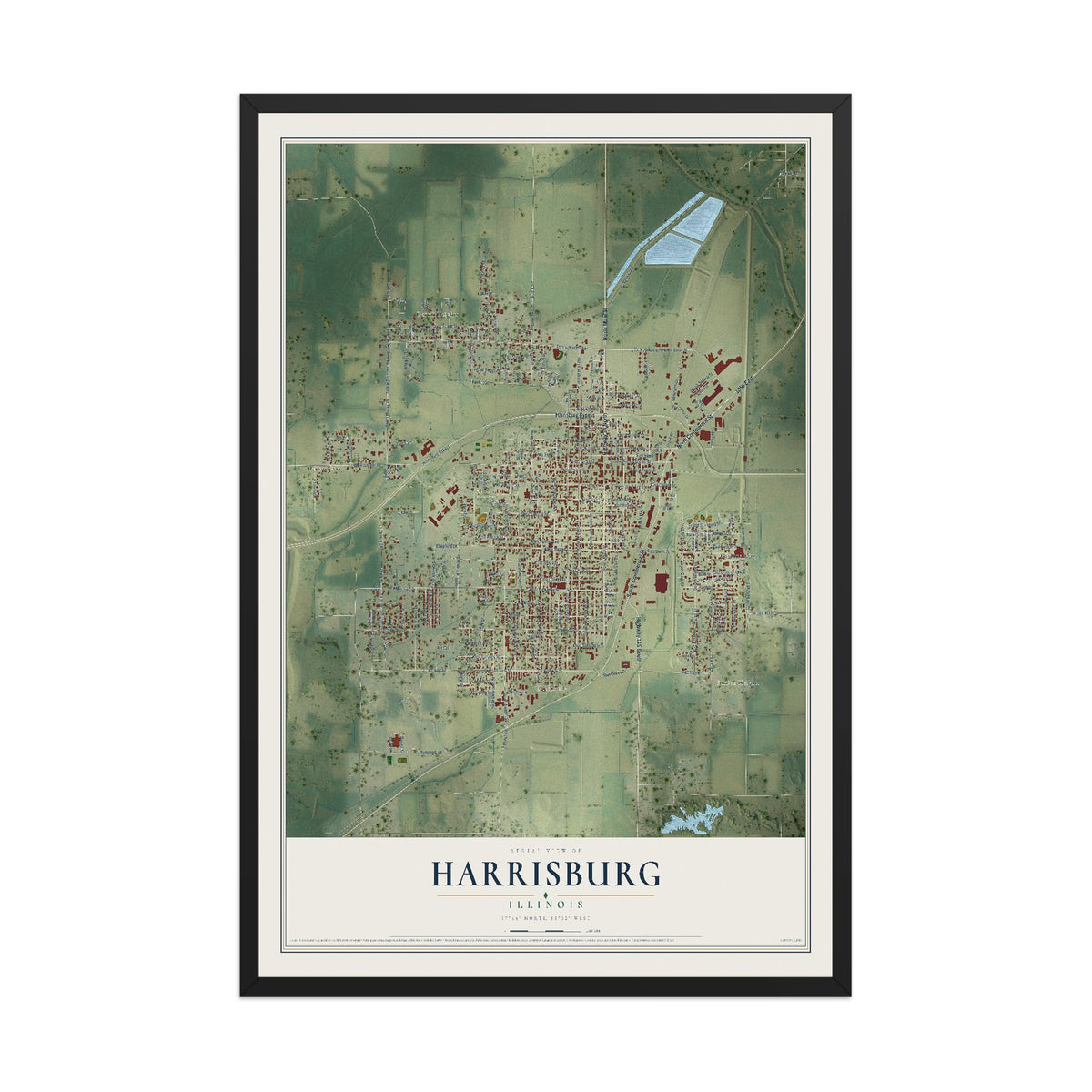 Map of Harrisburg, Illinois, 12 x 18 inch print in a black wood frame