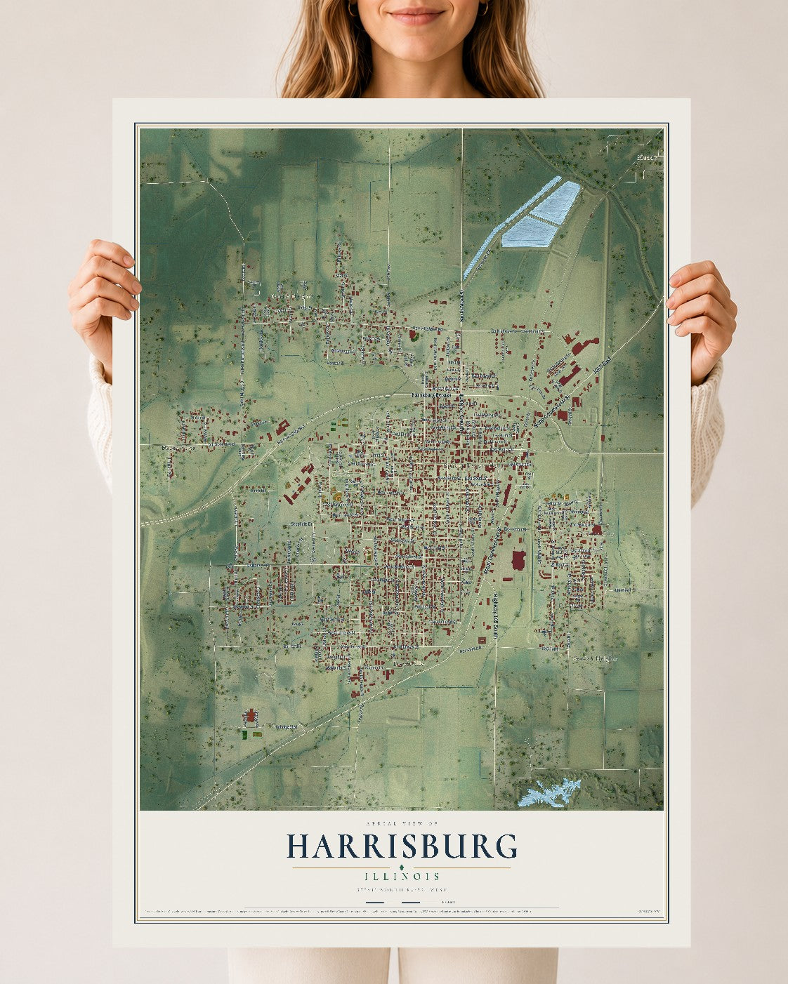 Map of Harrisburg, Illinois, 24 x 36 inch unframed archival matte print