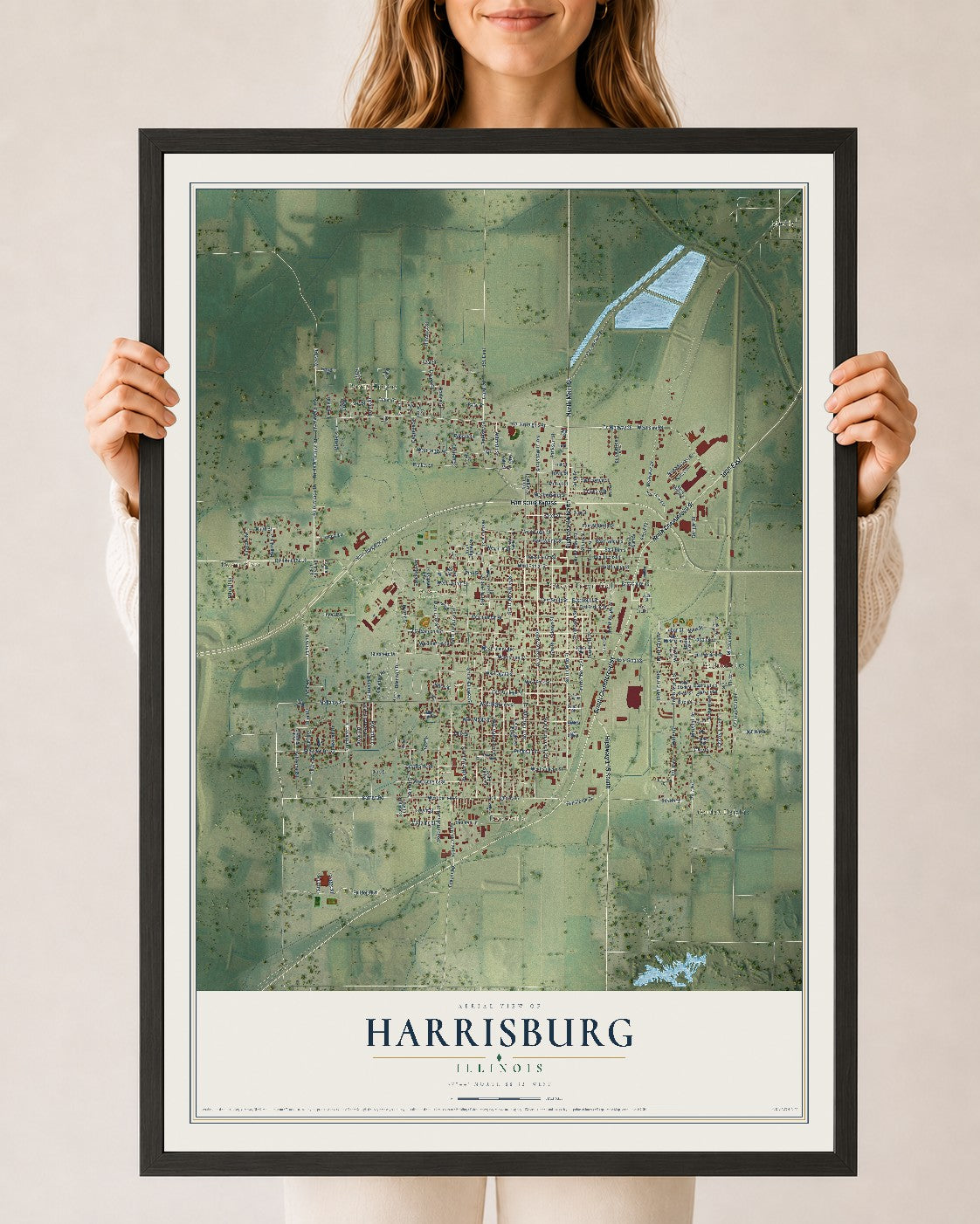 Map of Harrisburg, Illinois, 24 x 36 inch print in a black wood frame