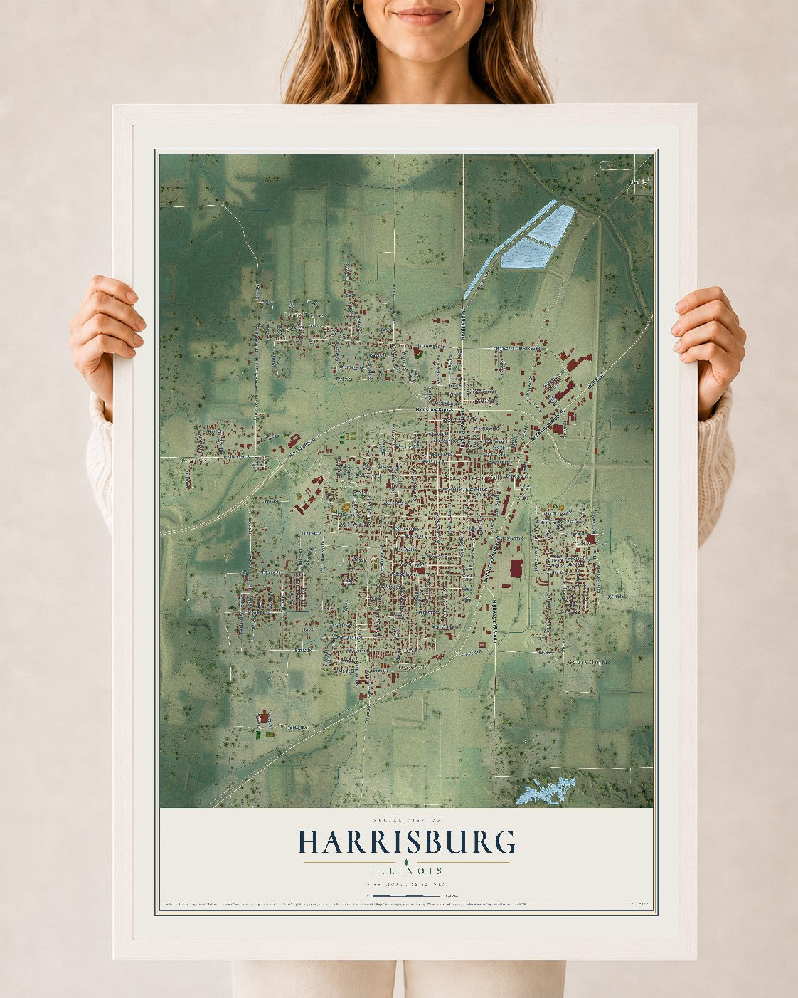 Map of Harrisburg, Illinois, 24 x 36 inch print in a white wood frame