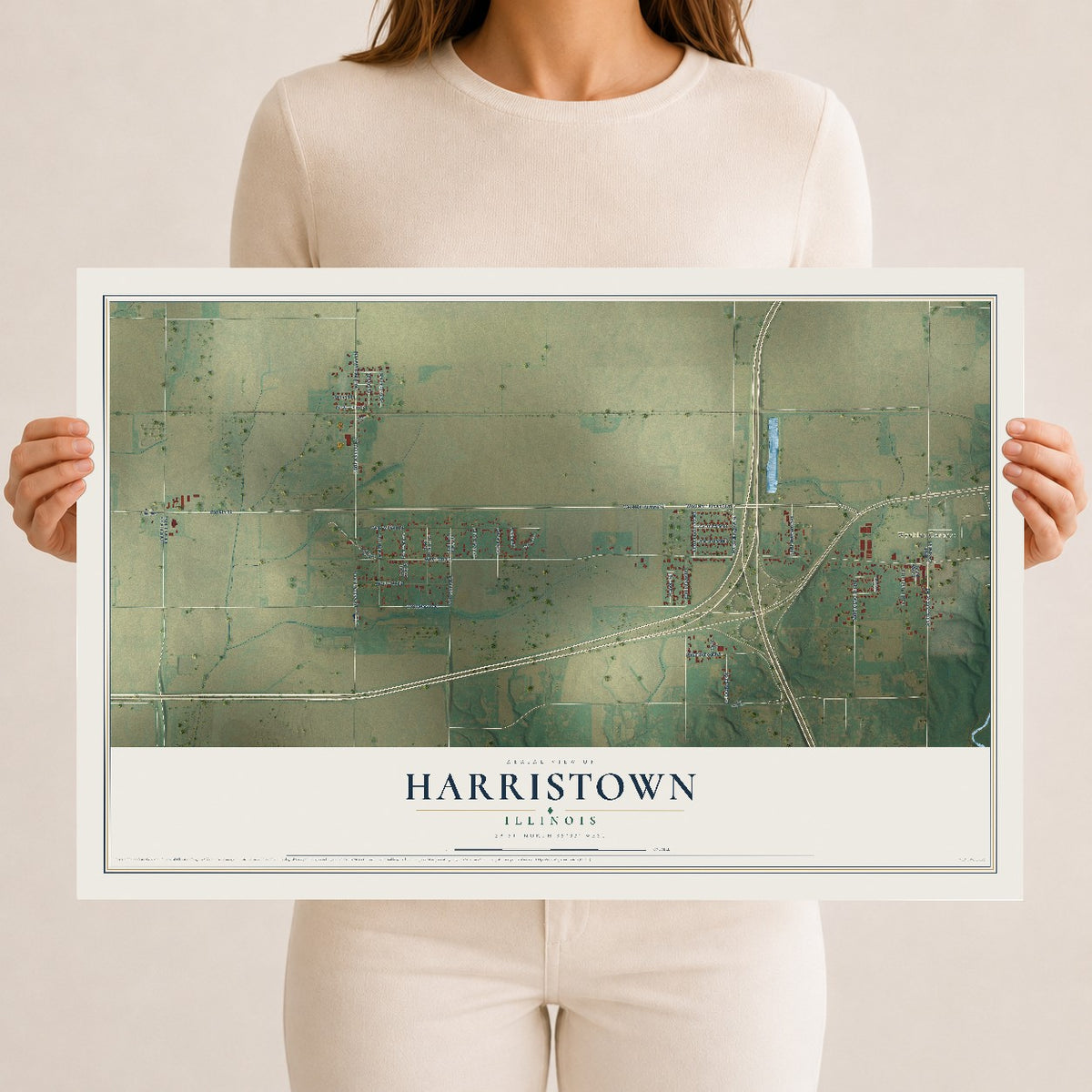 Map of Harristown, Illinois, 12 x 18 inch unframed archival matte print