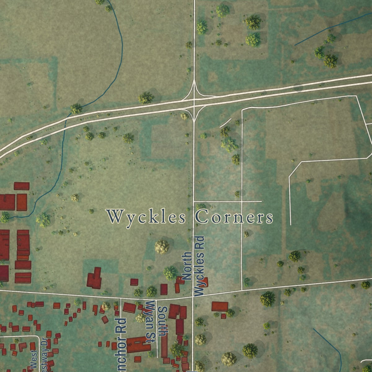 Second close-up of the map of Harristown, Illinois print showing more streets and buildings