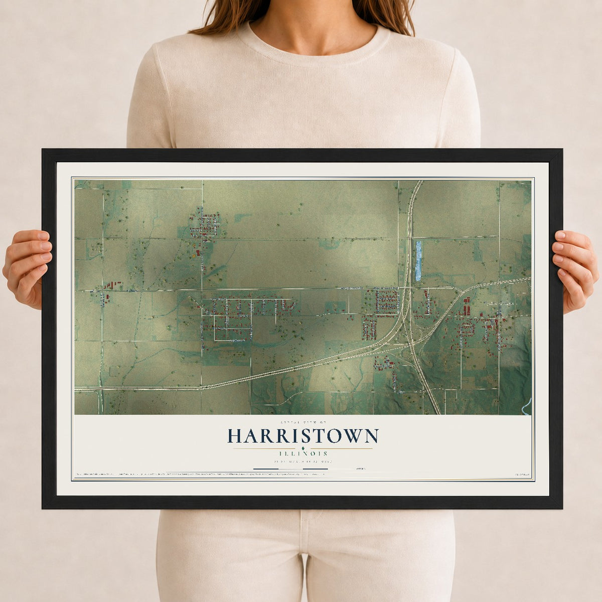 Map of Harristown, Illinois, 12 x 18 inch print in a black wood frame