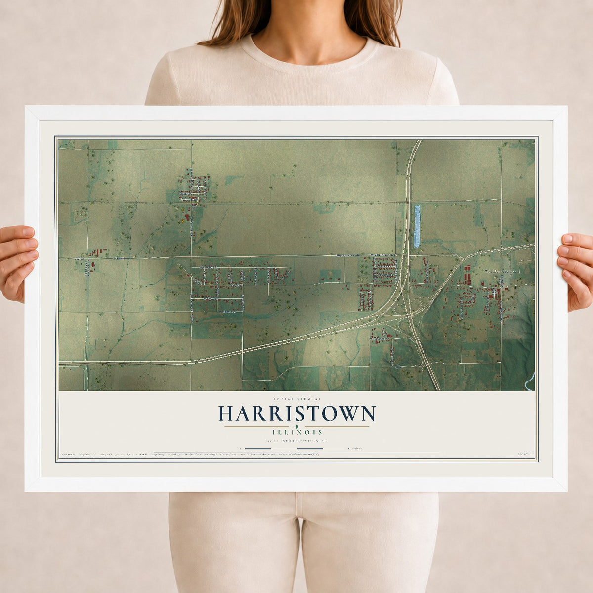 Map of Harristown, Illinois, 18 x 24 inch print in a white wood frame
