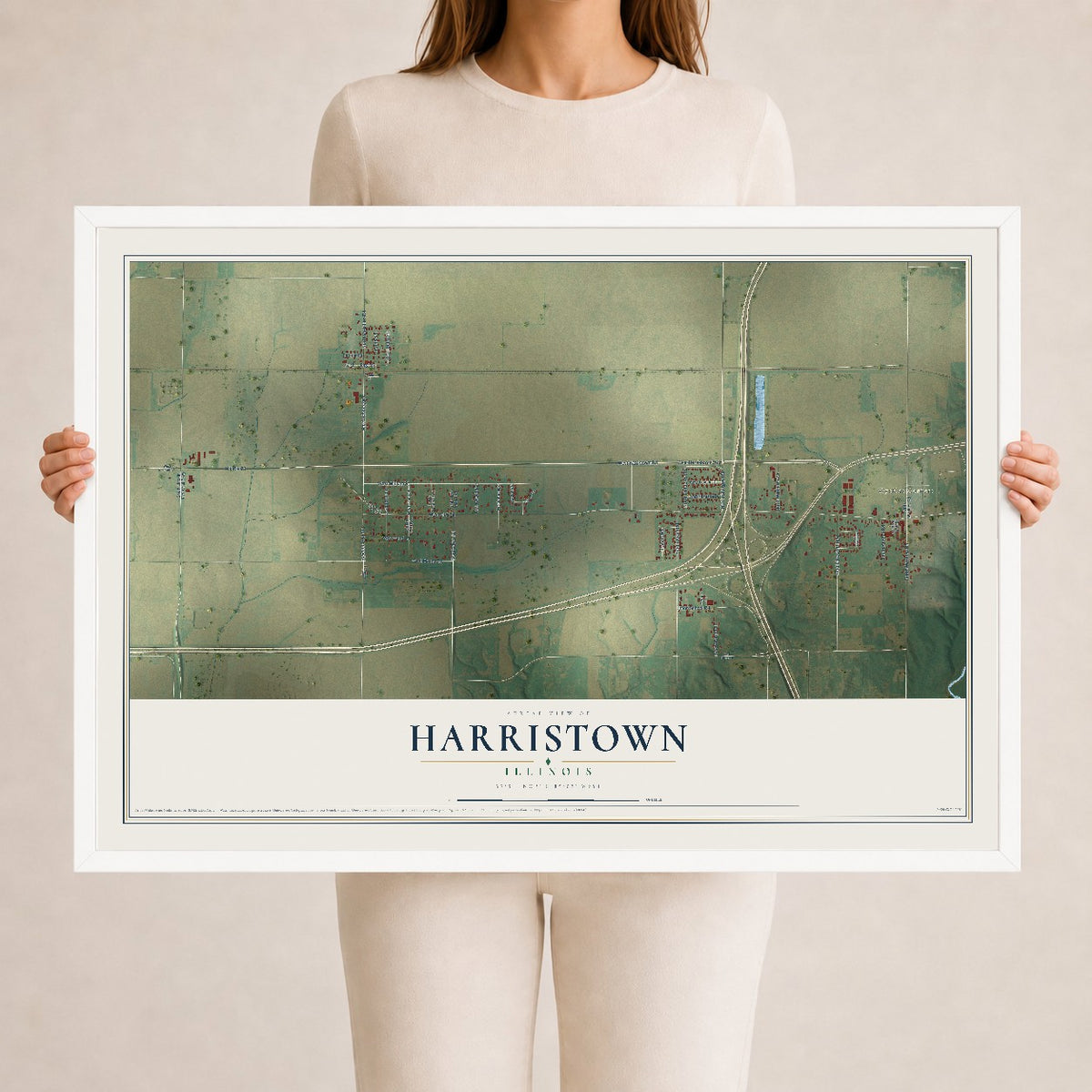 Map of Harristown, Illinois, 24 x 36 inch print in a white wood frame