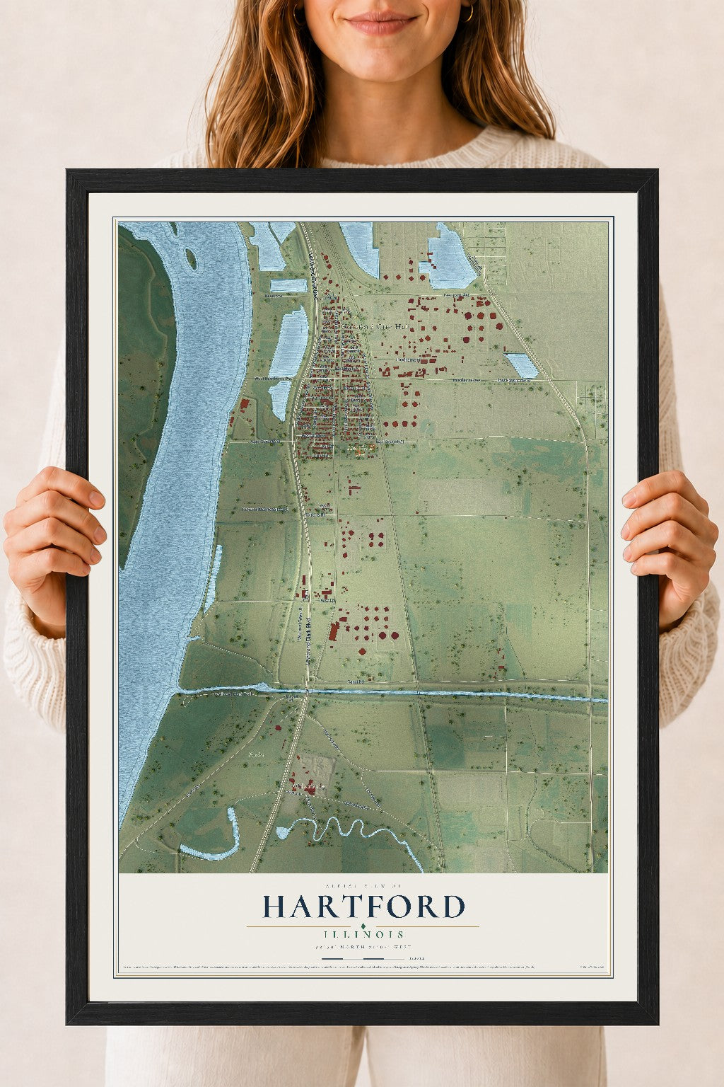 Map of Hartford, Illinois, 18 x 24 inch print in a black wood frame